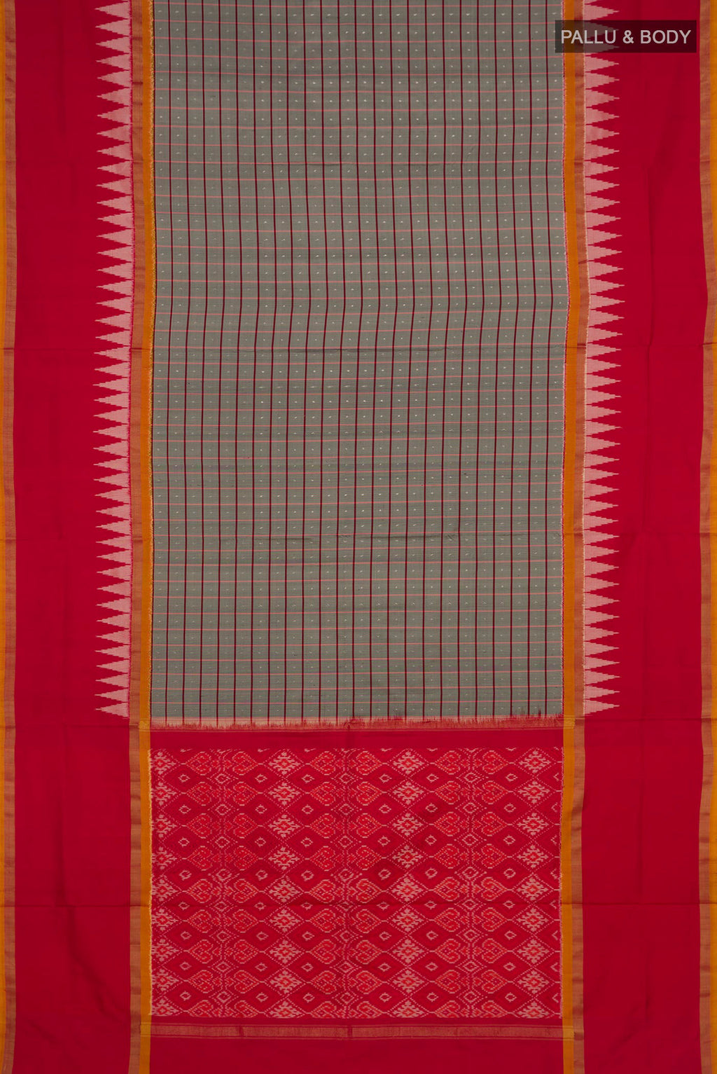 Flat view of Pure Silk Grey Pochampally Saree with Checked design on the body and Thin Zari Line. 