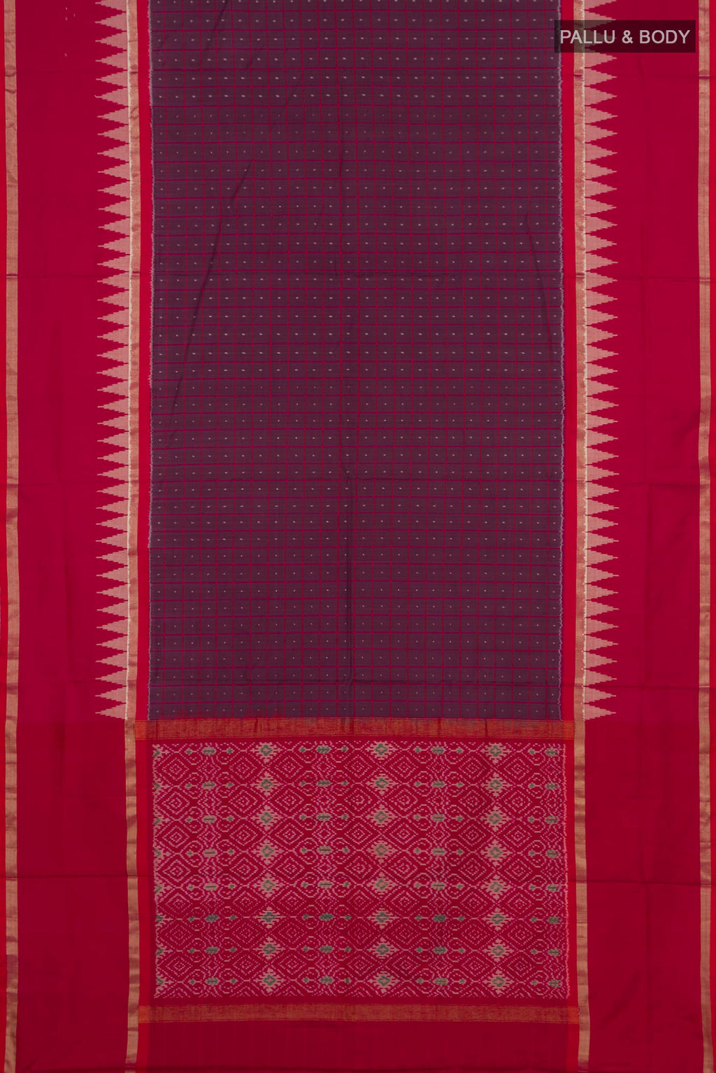 Flat view of Purple Pochampally Silk Saree with Ikat design on the body and Thin Zari Line. 