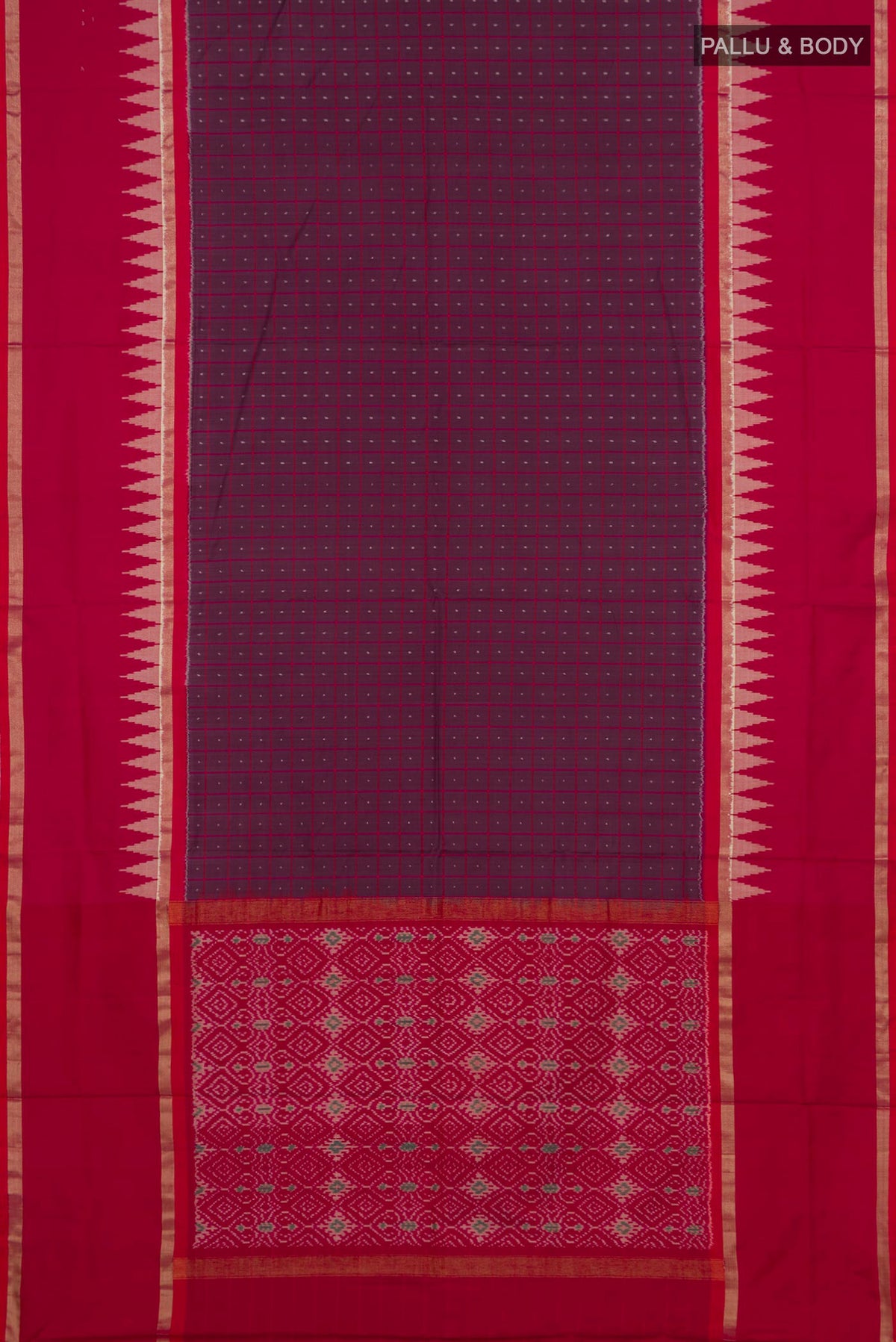Flat view of Purple Pochampally Silk Saree with Ikat design on the body and Thin Zari Line. 