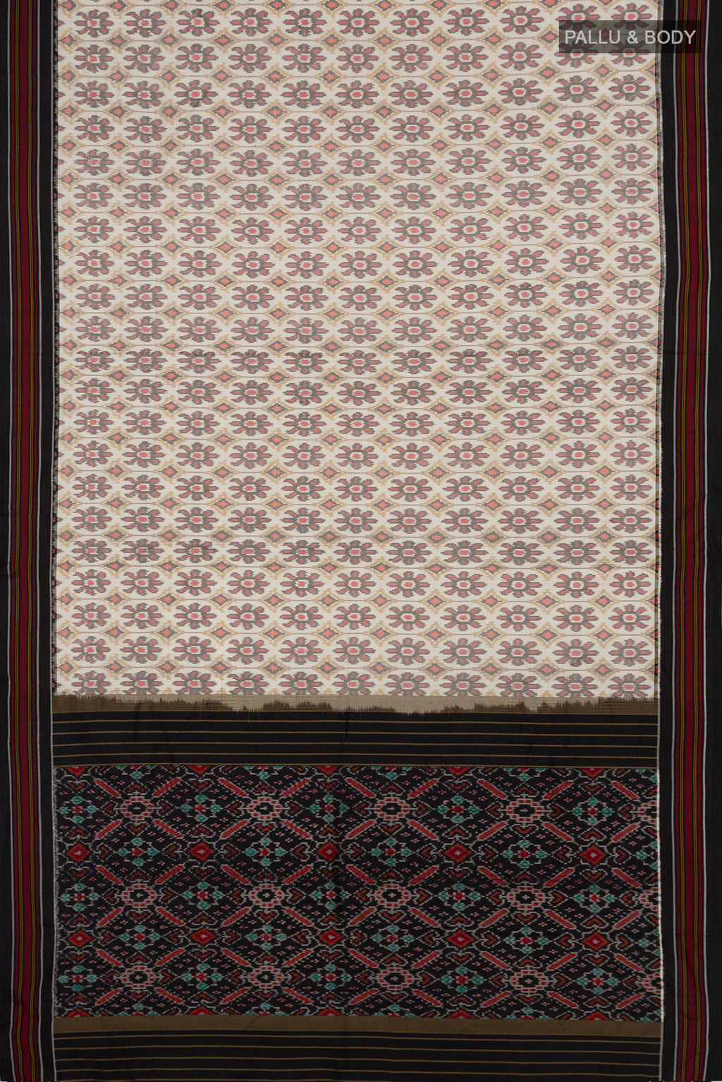 Flat view of Pure Silk Cream Pochampally Saree with Ikat design on the body and Plain Border. 