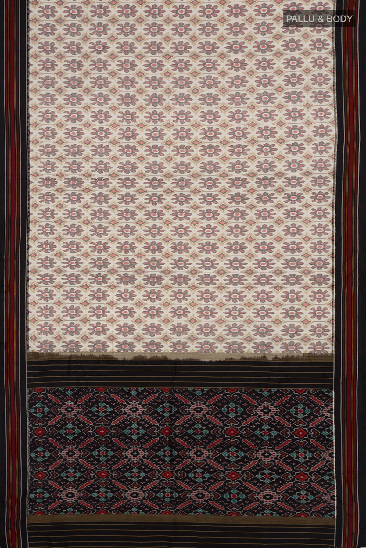Flat view of Pure Silk Cream Pochampally Saree with Ikat design on the body and Plain Border. 