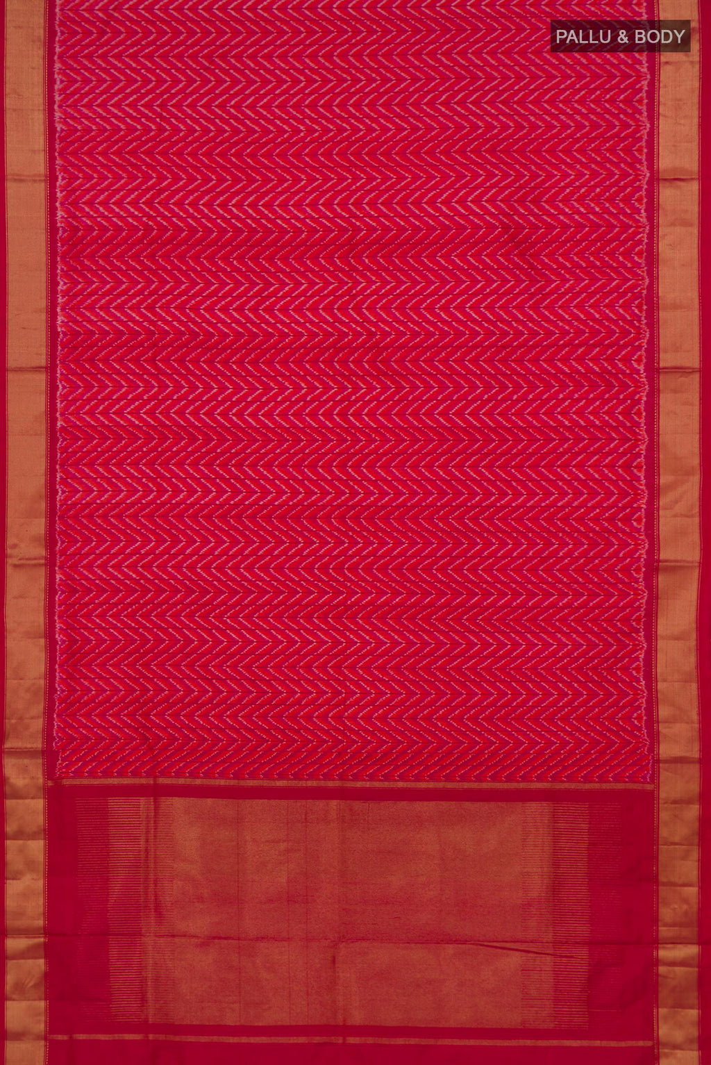 Flat view of Pink Pochampally Silk Saree with Ikat design on the body and Zari Border. 