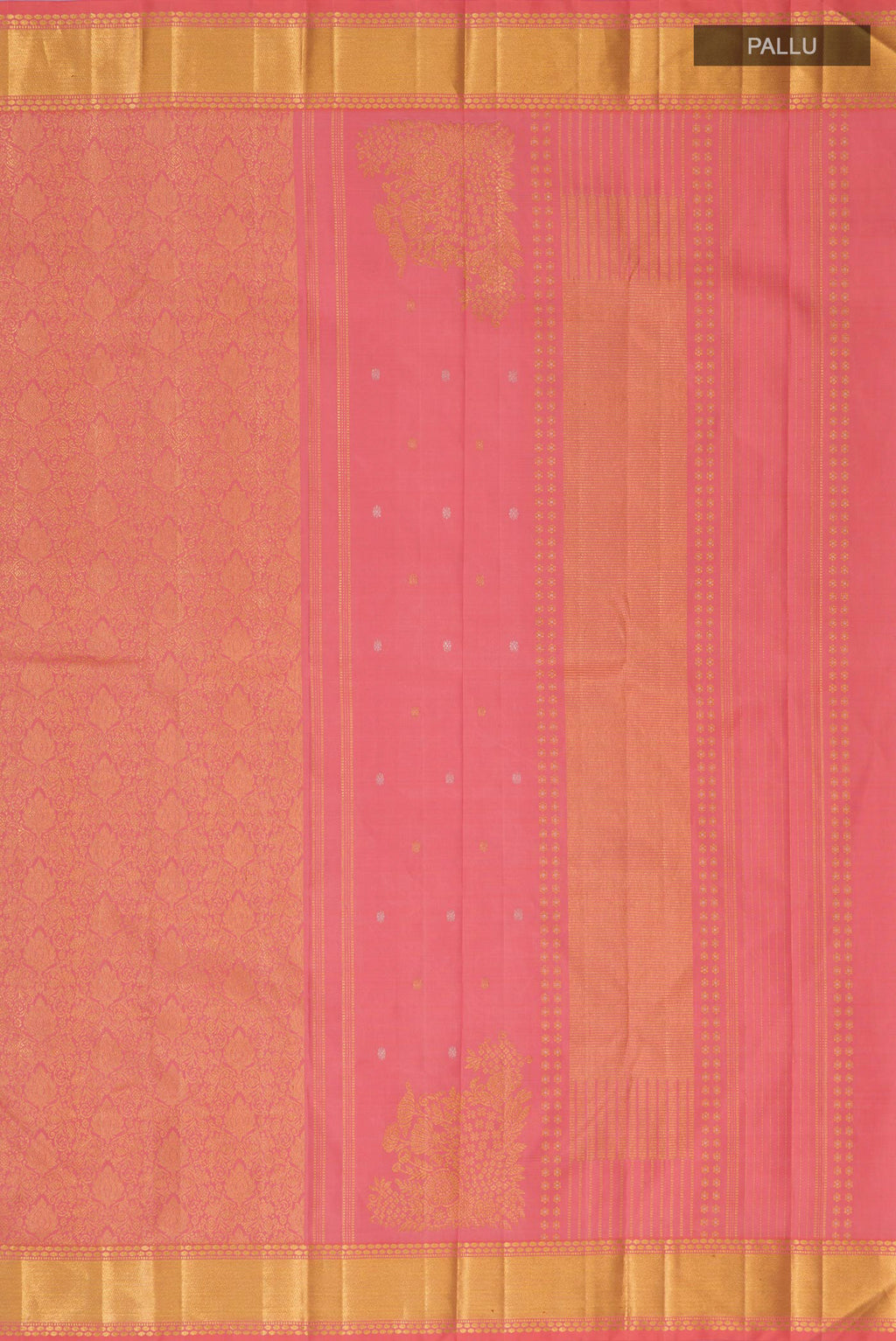 Close up image of the pallu of Pure Silk Coral Kanchipuram Saree with Zari Brocade on the body and Zari Border. 