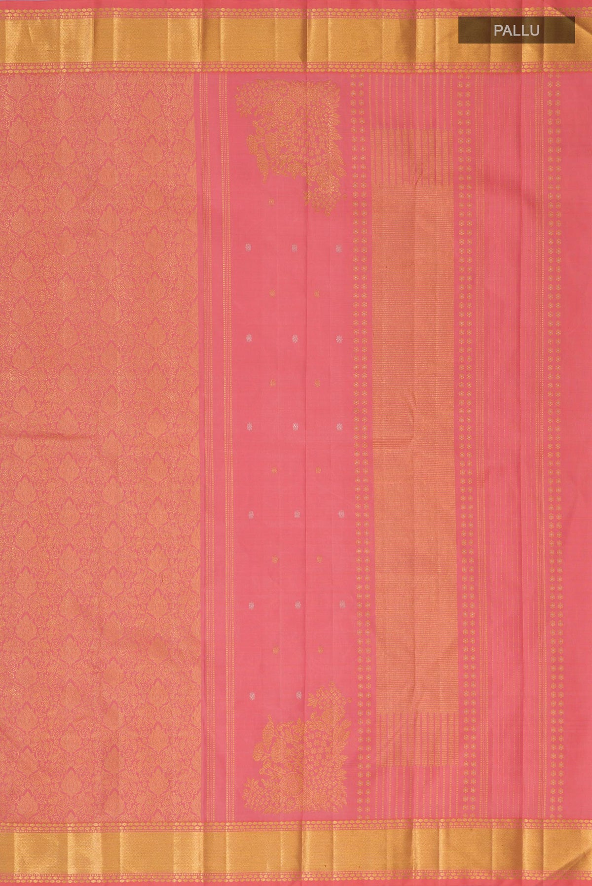 Close up image of the pallu of Pure Silk Coral Kanchipuram Saree with Zari Brocade on the body and Zari Border. 