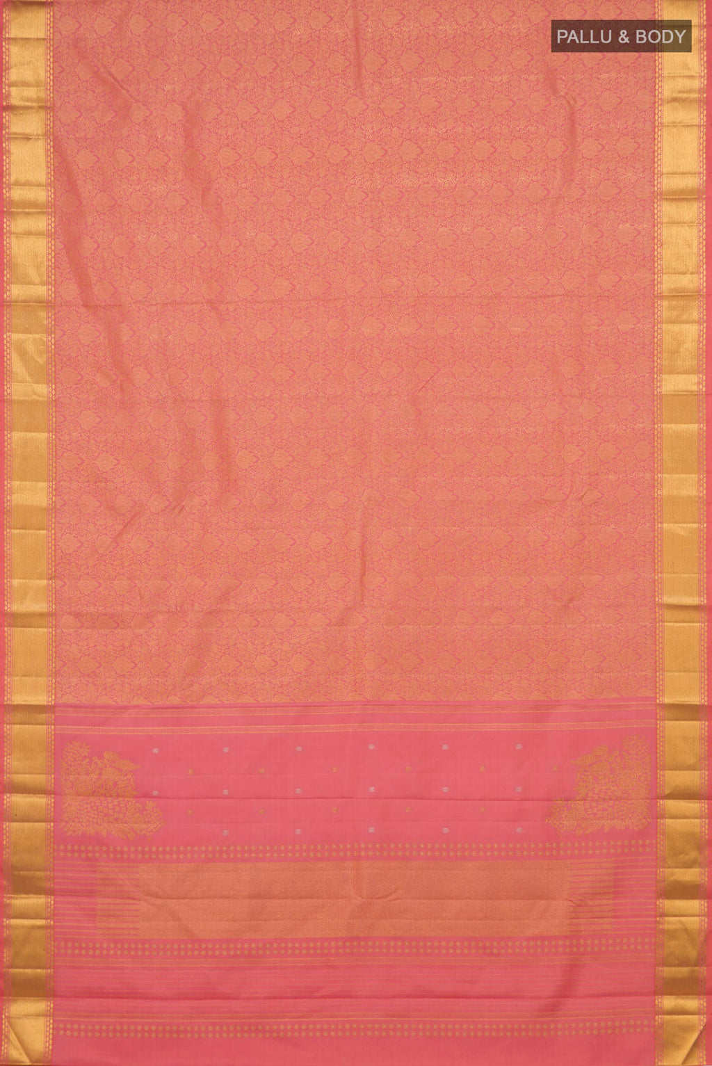 Flat view of Pure Silk Coral Kanchipuram Saree with Zari Brocade on the body and Zari Border. 