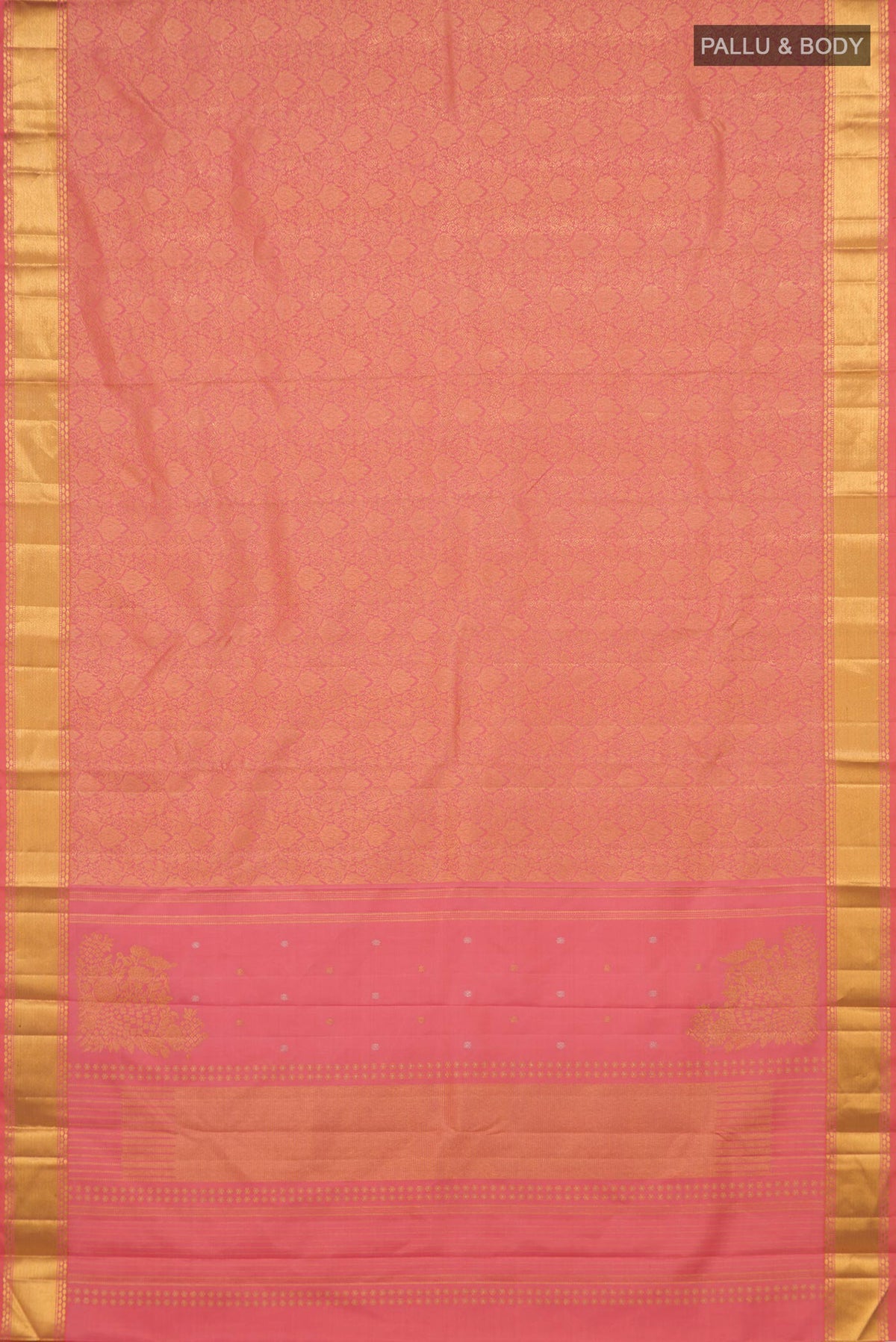 Flat view of Pure Silk Coral Kanchipuram Saree with Zari Brocade on the body and Zari Border. 