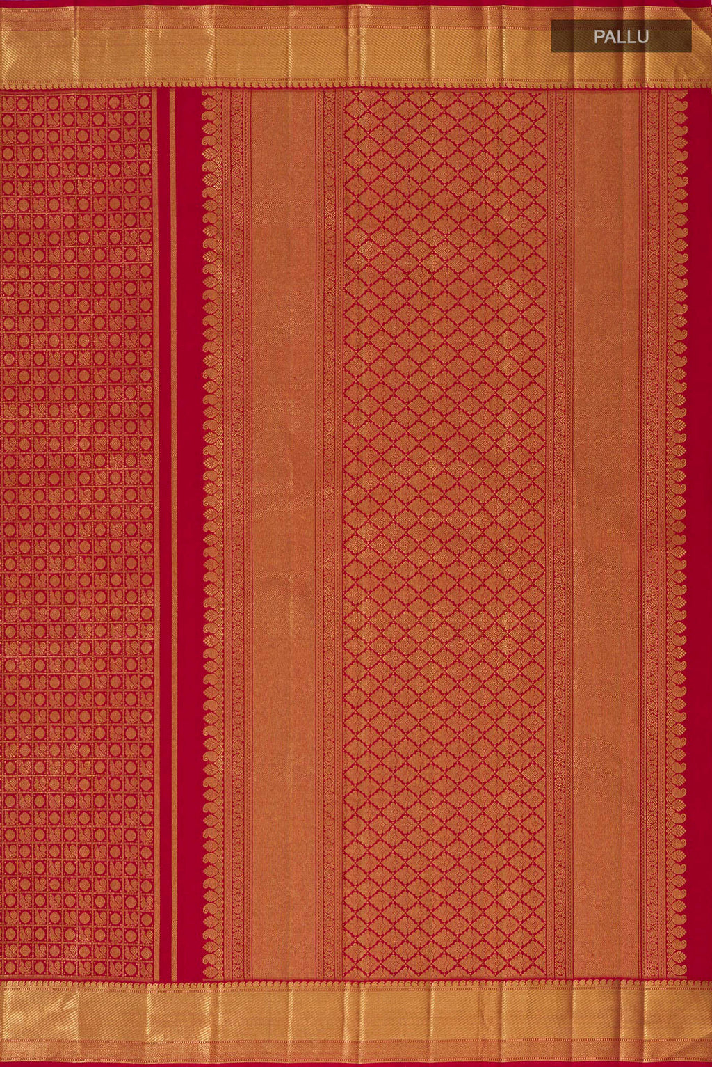 Close up image of the pallu of Pure Silk Pure Zari Red Kanjivaram Saree with Zari Brocade on the body and Zari Border. 