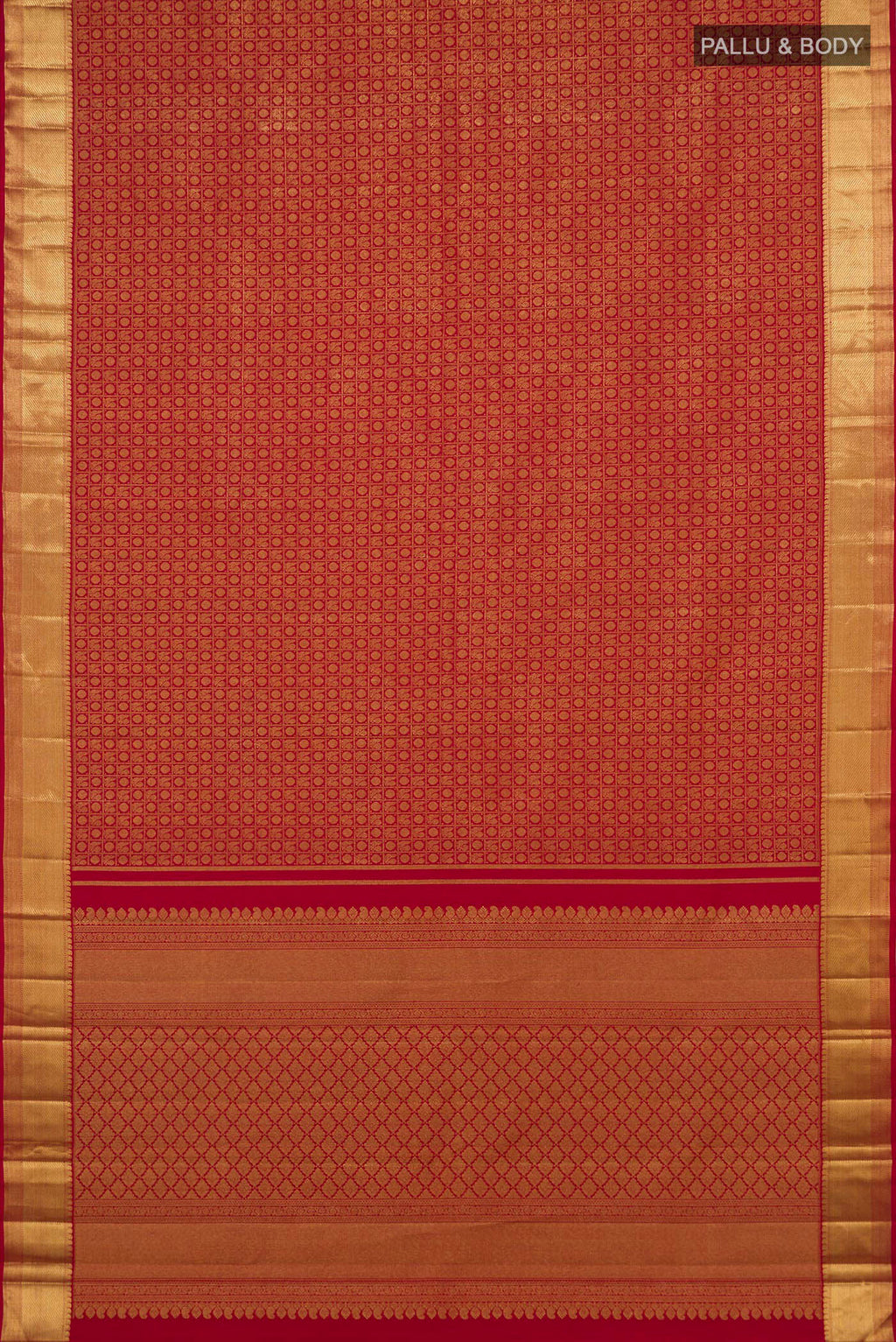 Flat view of Pure Silk Pure Zari Red Kanjivaram Saree with Zari Brocade on the body and Zari Border. 