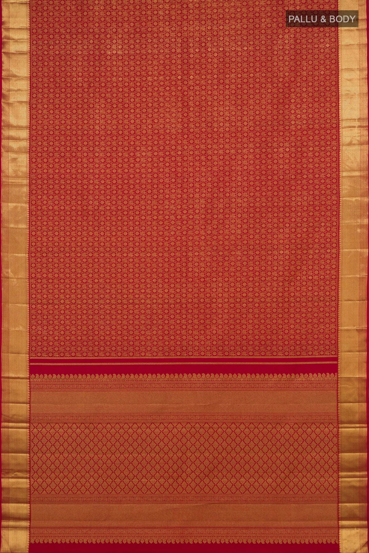 Flat view of Pure Silk Pure Zari Red Kanjivaram Saree with Zari Brocade on the body and Zari Border. 