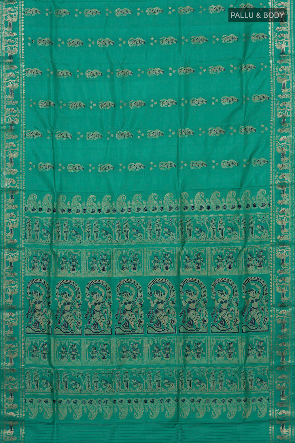 Flat view of Pure Silk Green Baluchari Saree with Zari And Thread Butta on the body and Fancy Border. 