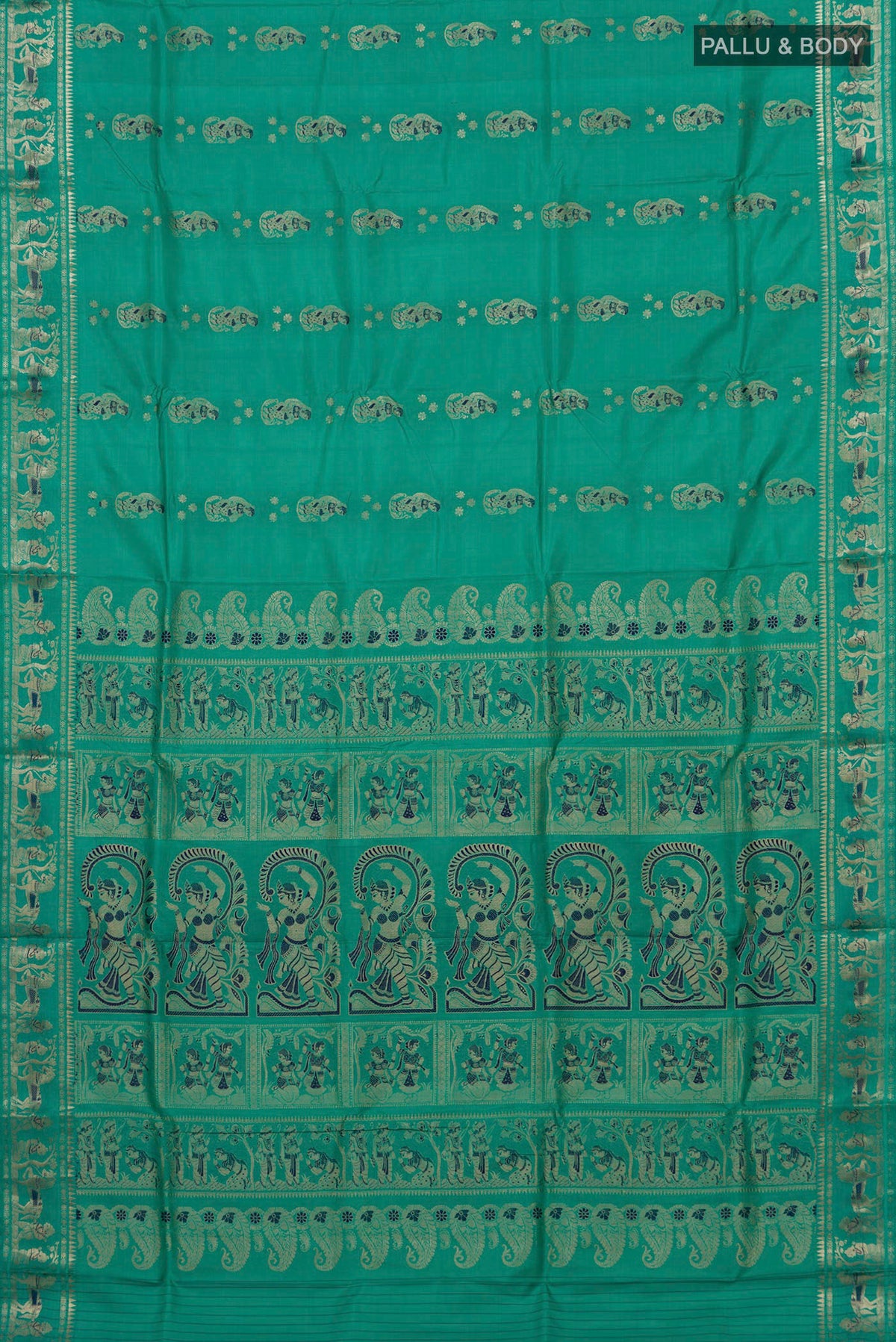 Flat view of Pure Silk Green Baluchari Saree with Zari And Thread Butta on the body and Fancy Border. 