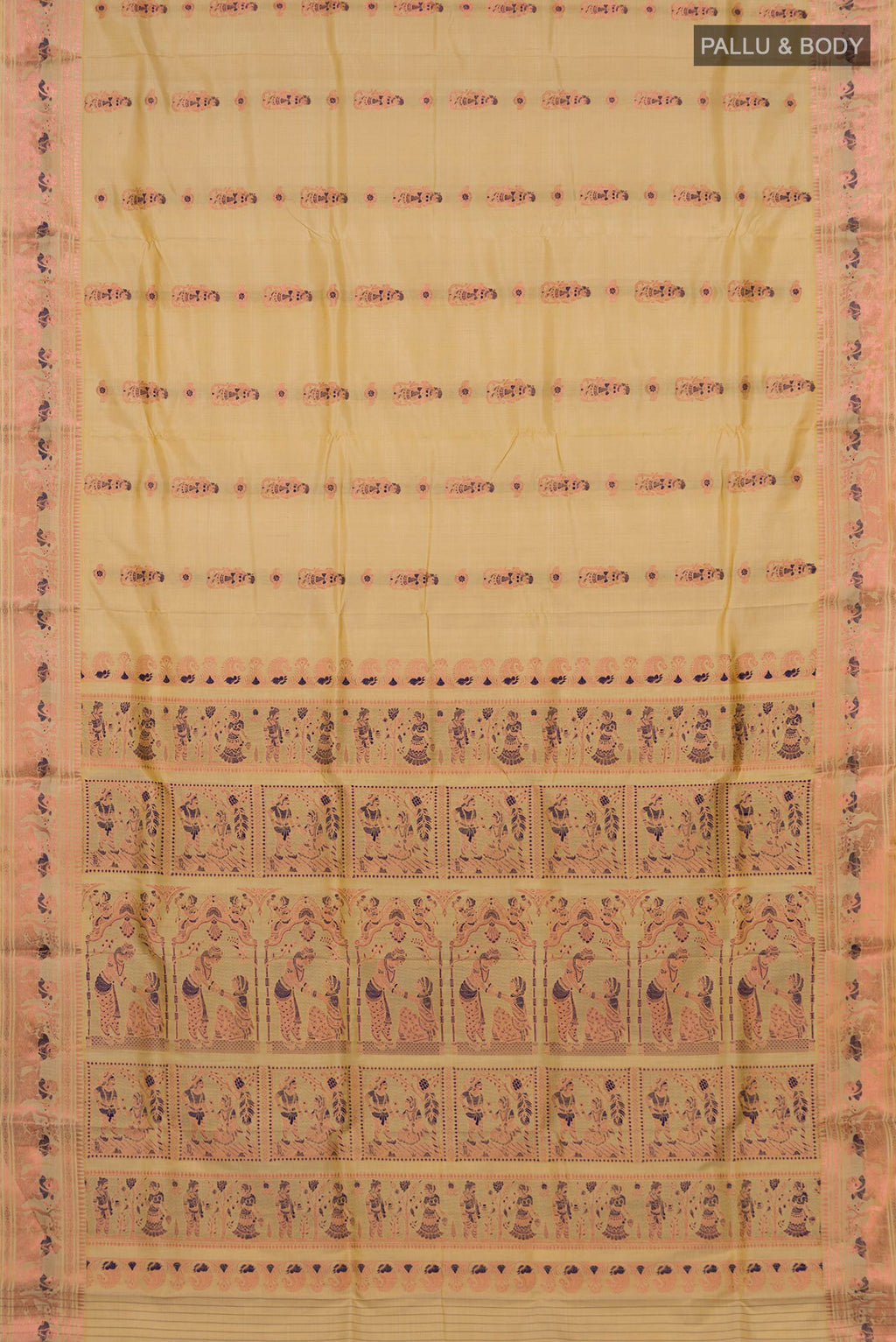 Flat view of Pure Silk Sandal Baluchari Saree with Zari And Thread Butta on the body and Fancy Border. 
