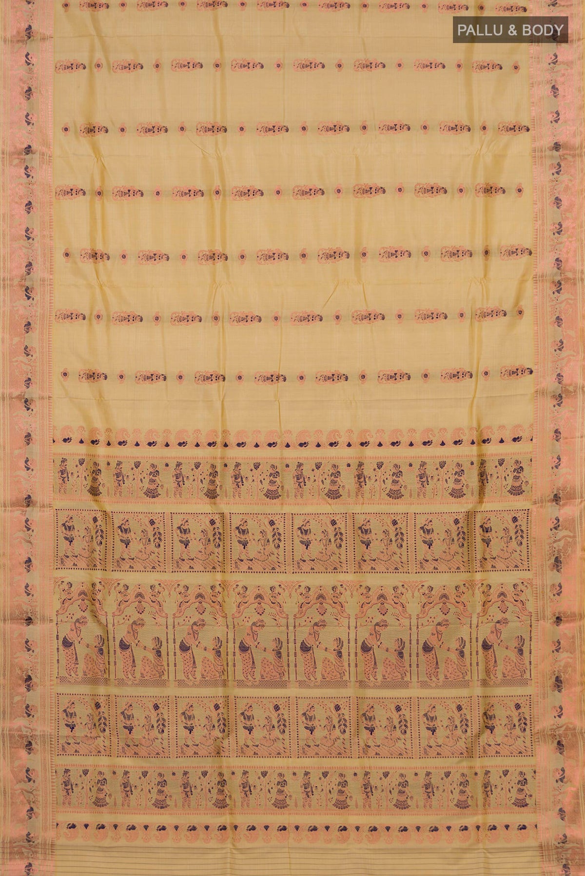 Flat view of Pure Silk Sandal Baluchari Saree with Zari And Thread Butta on the body and Fancy Border. 