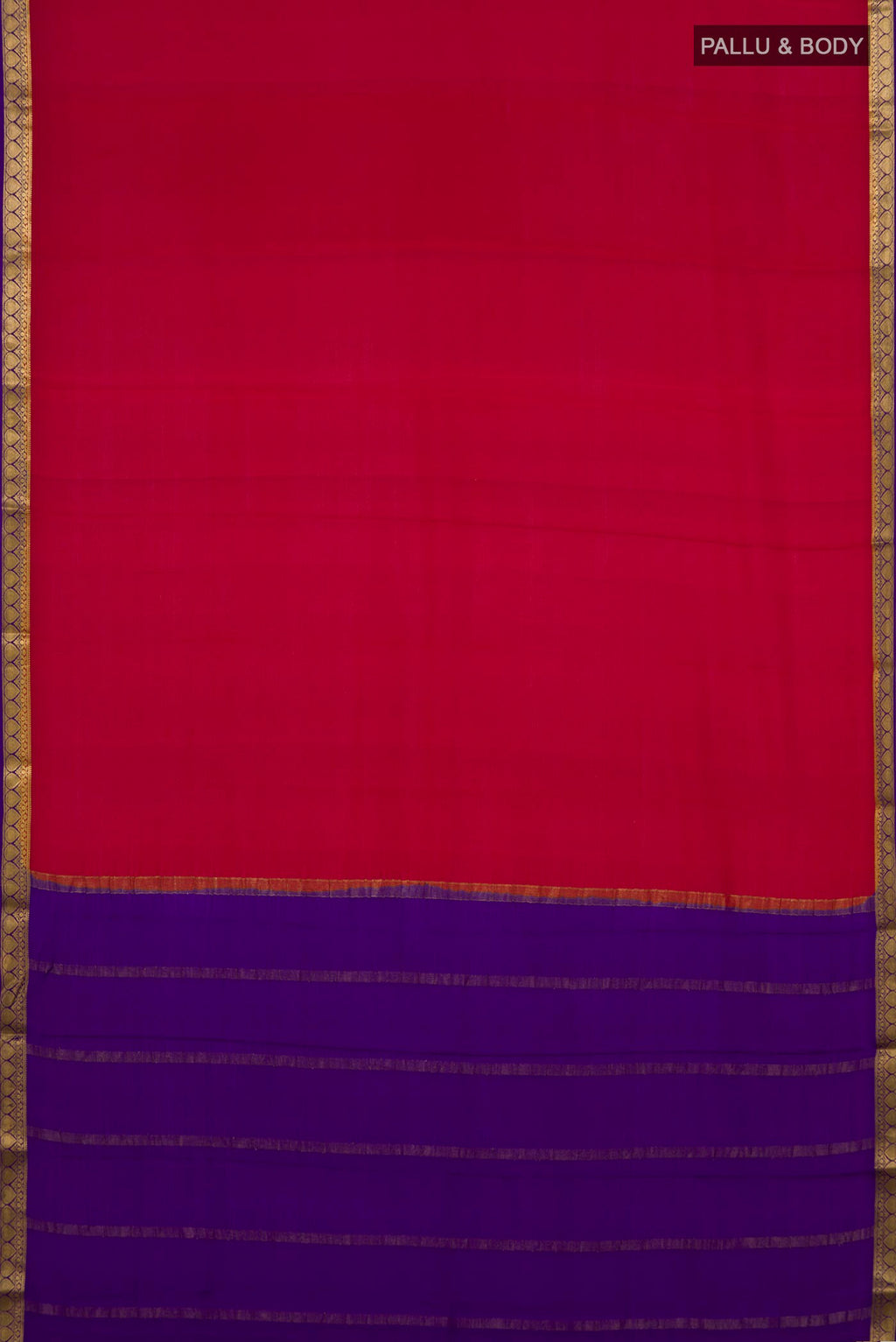 Flat view of Red Mysore Crepe Saree with Plain Body and Zari Border. 