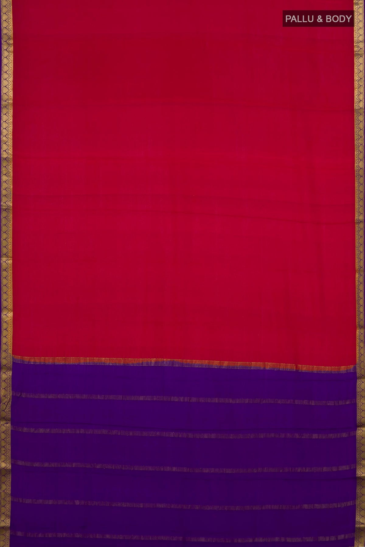 Flat view of Red Mysore Crepe Saree with Plain Body and Zari Border. 