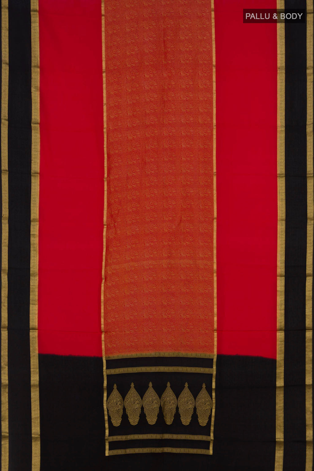 Flat view of Red Mysore Crepe Saree with Zari Brocade on the body and Fancy Border. 