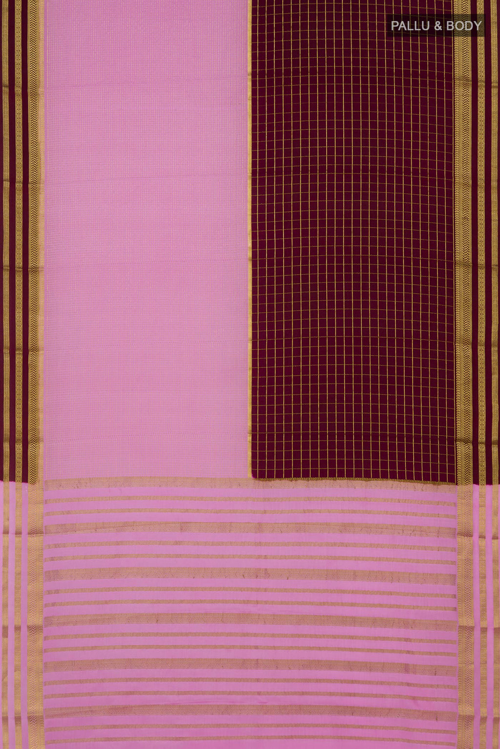 Flat view of Multi Color Mysore Crepe Saree with Half And Half on the body and Zari Border. 