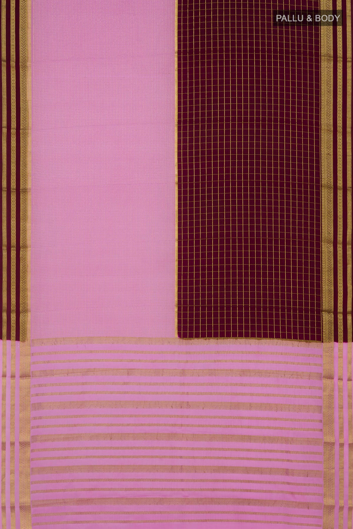 Flat view of Multi Color Mysore Crepe Saree with Half And Half on the body and Zari Border. 