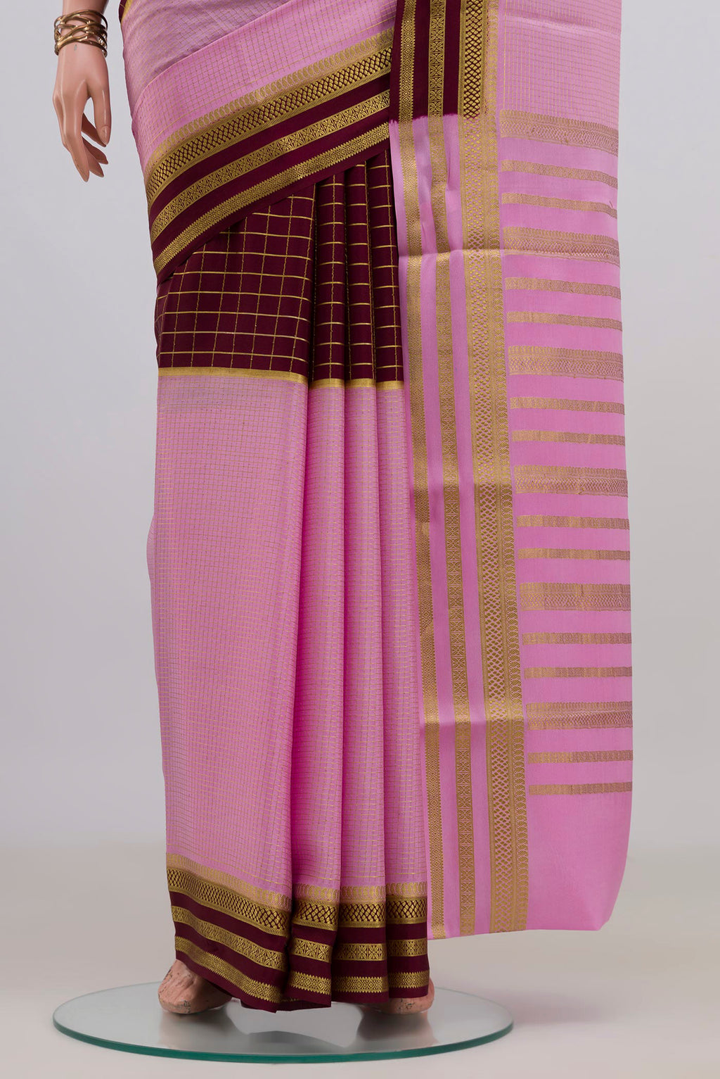 Pleats and pallu of Multi Color Mysore Crepe Saree with Half And Half on the body and Zari Border. 