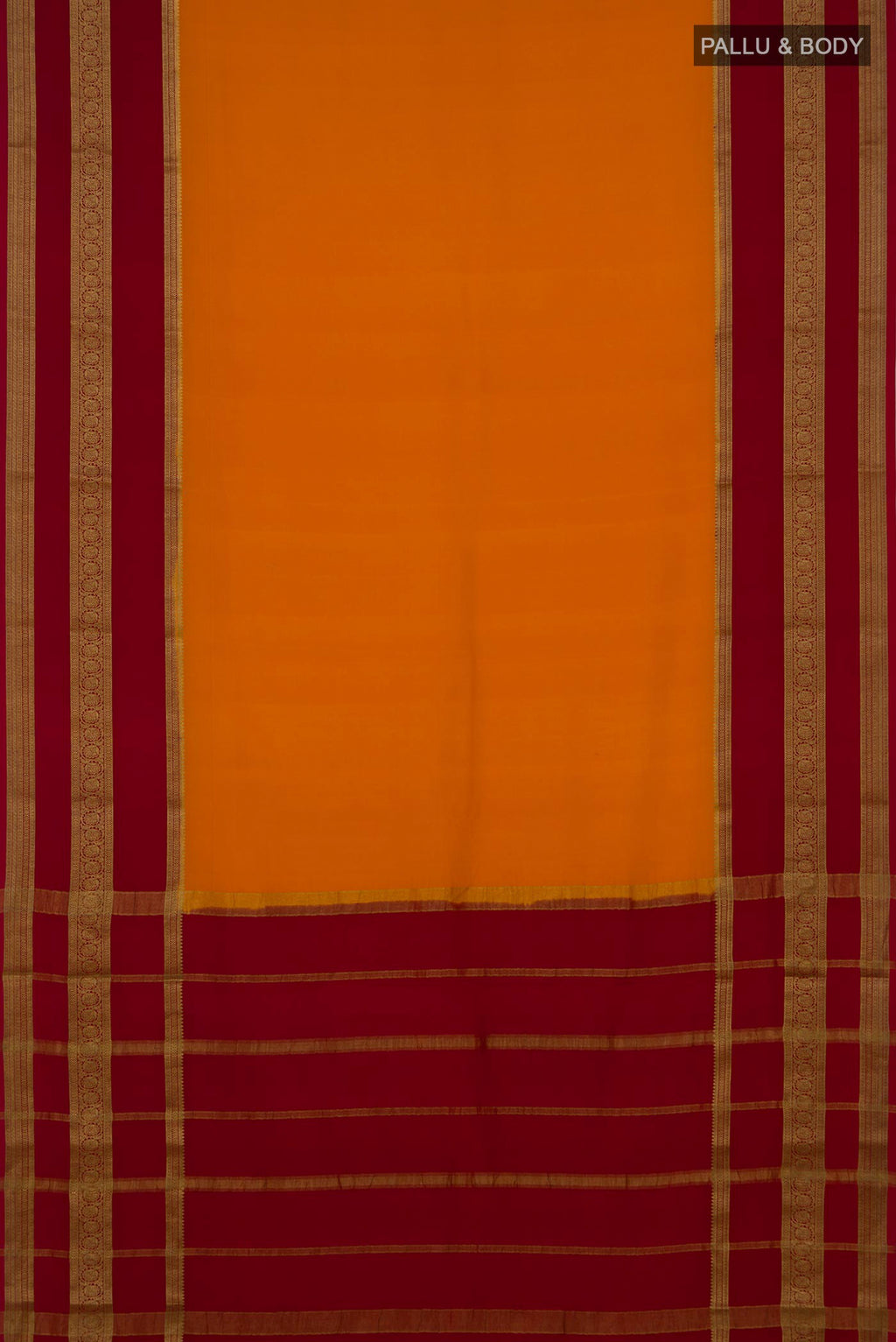 Flat view of Yellow Mysore Crepe Saree with Plain Body and Zari Border. 