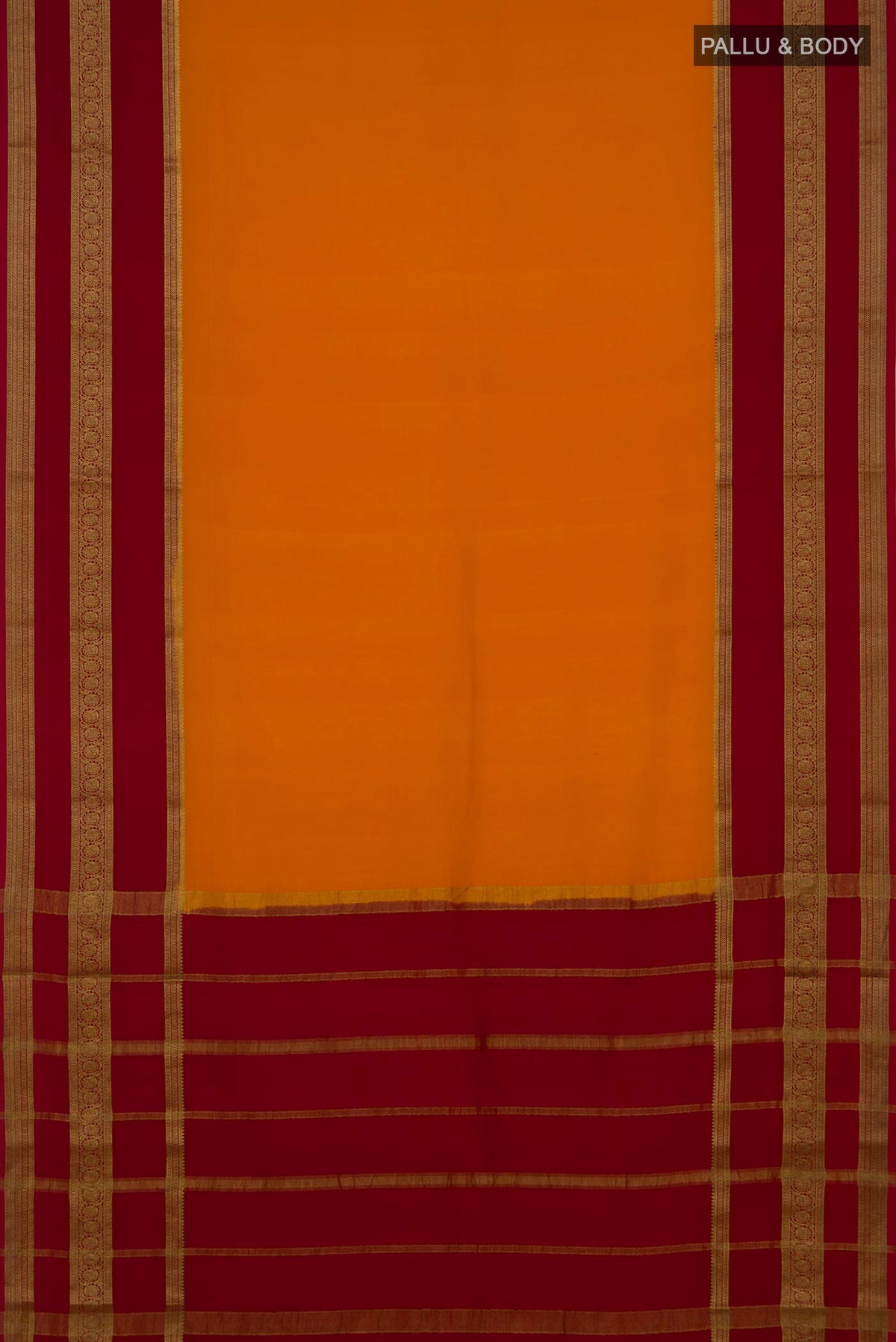 Flat view of Yellow Mysore Crepe Saree with Plain Body and Zari Border. 