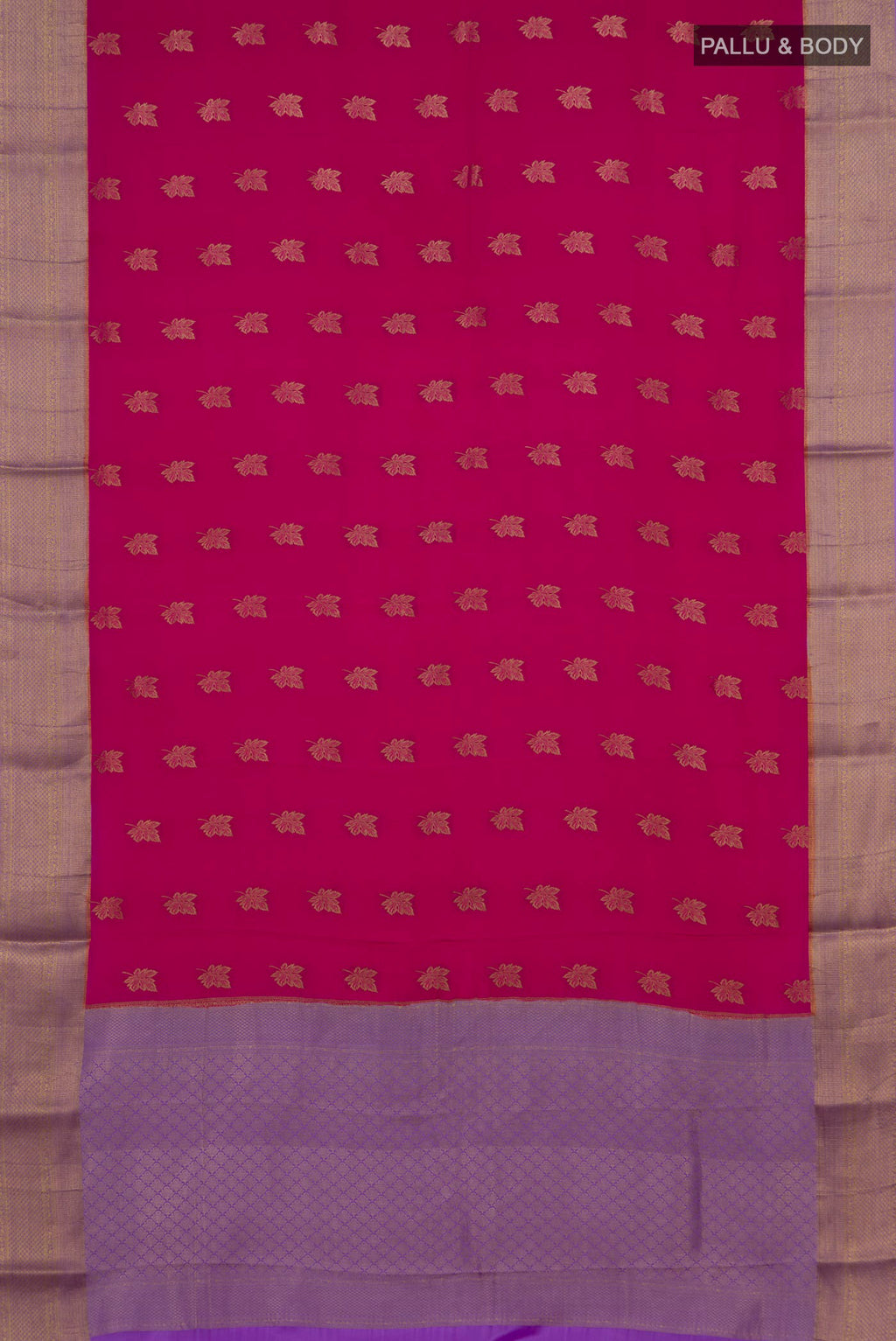 Flat view of Pink Mysore Crepe Saree with Zari Butta on the body and Zari Border. 