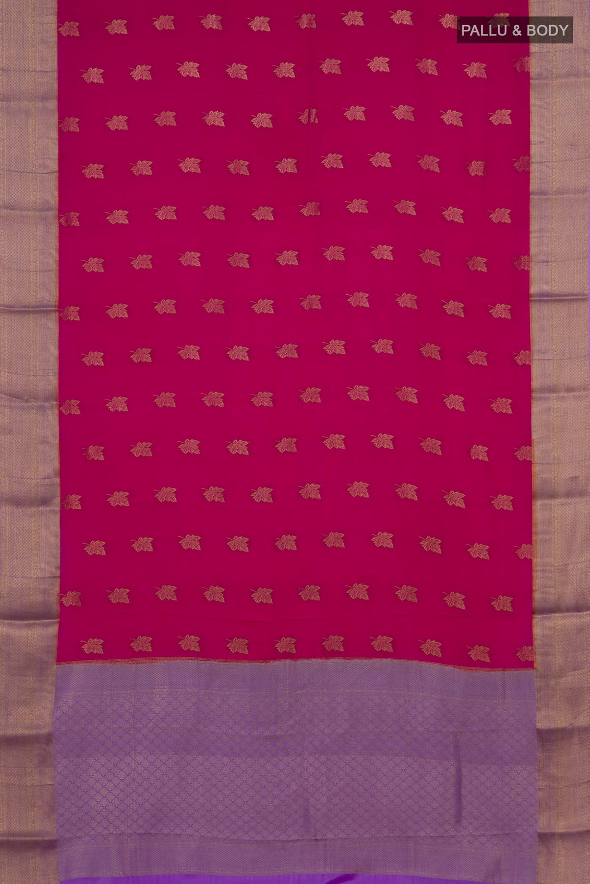 Flat view of Pink Mysore Crepe Saree with Zari Butta on the body and Zari Border. 