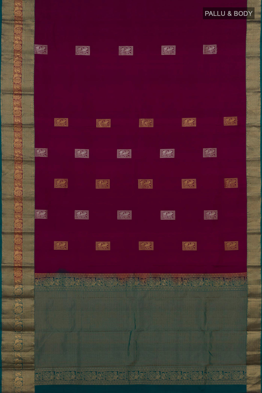 Flat view of Pure Silk Purple Kanjivaram Saree with Zari Butta on the body and Zari Border. 