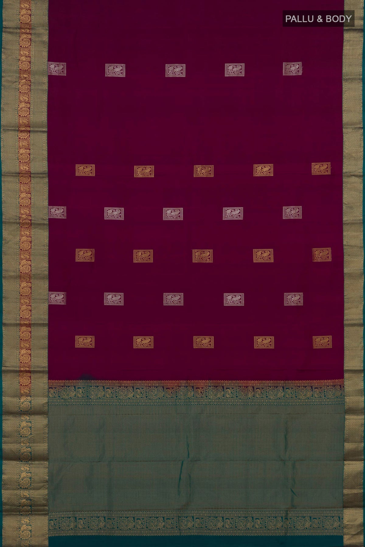 Flat view of Pure Silk Purple Kanjivaram Saree with Zari Butta on the body and Zari Border. 