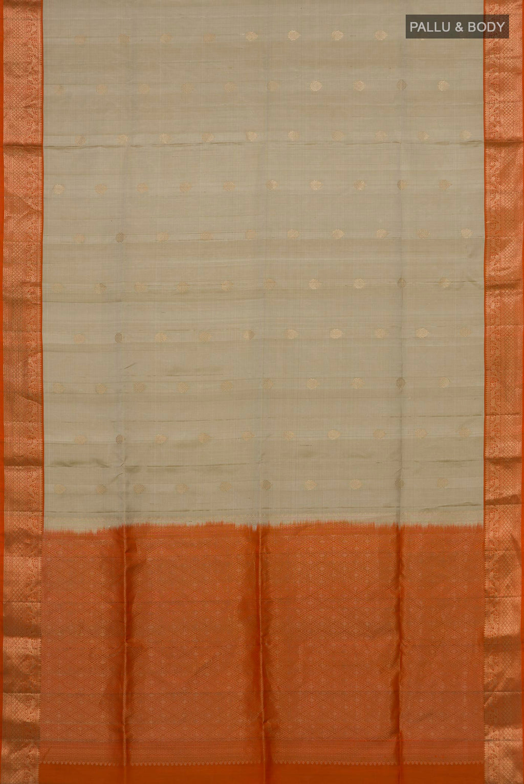Flat view of Pure Silk Beige Soft Saree with Zari Butta on the body and Zari Border. 