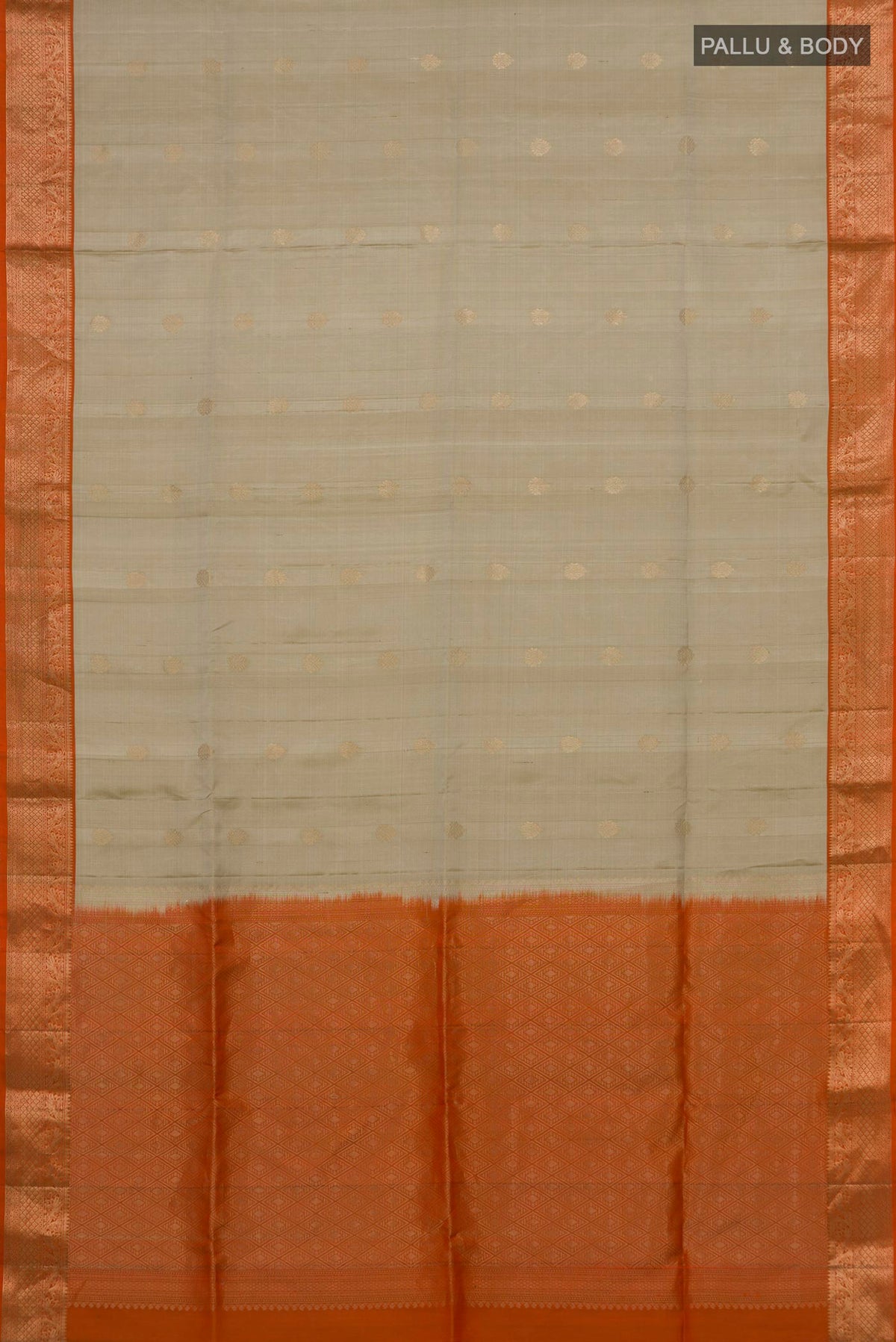 Flat view of Pure Silk Beige Soft Saree with Zari Butta on the body and Zari Border. 