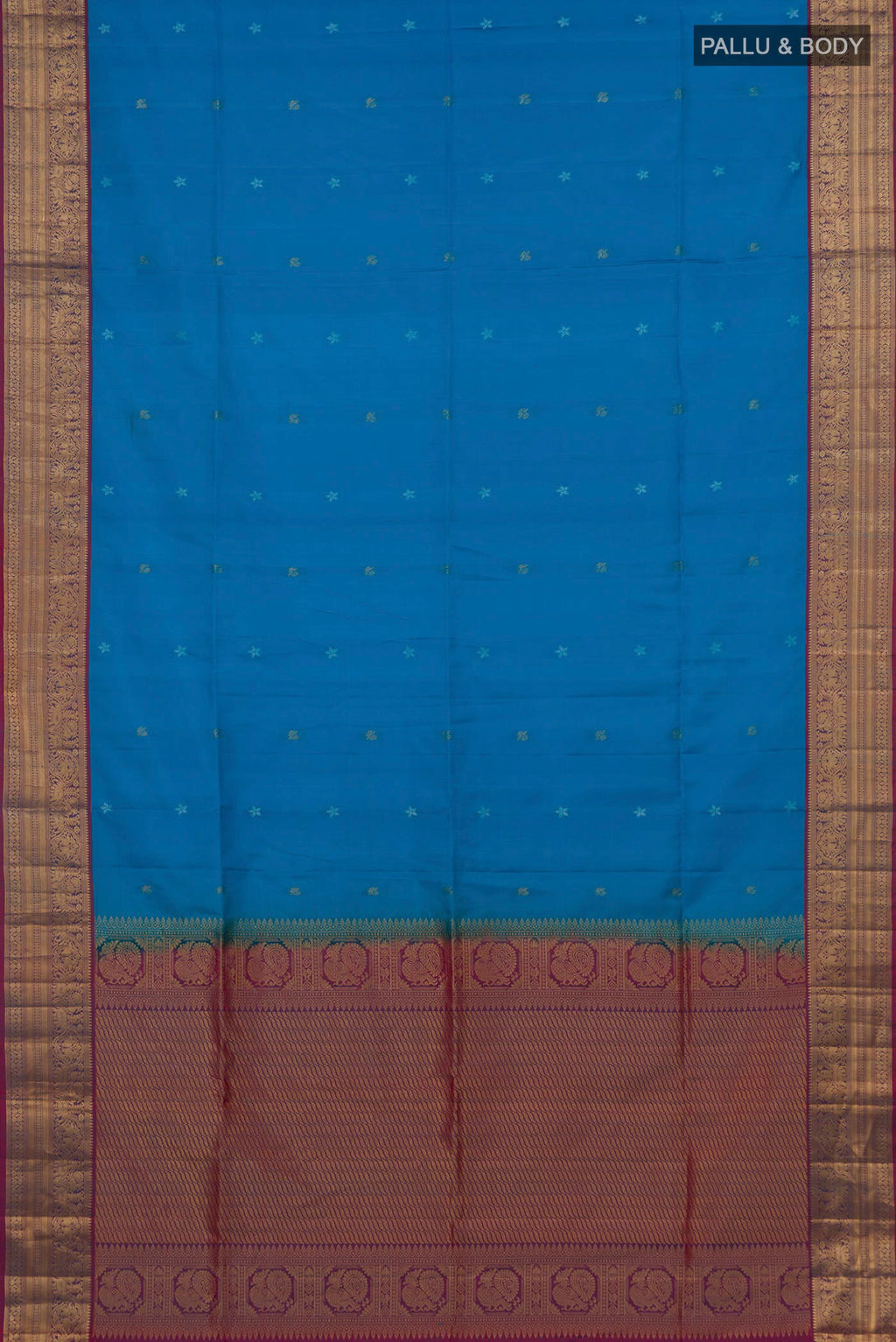 Flat view of Pure Silk Blue Soft Saree with Zari Butta on the body and Zari Border. 