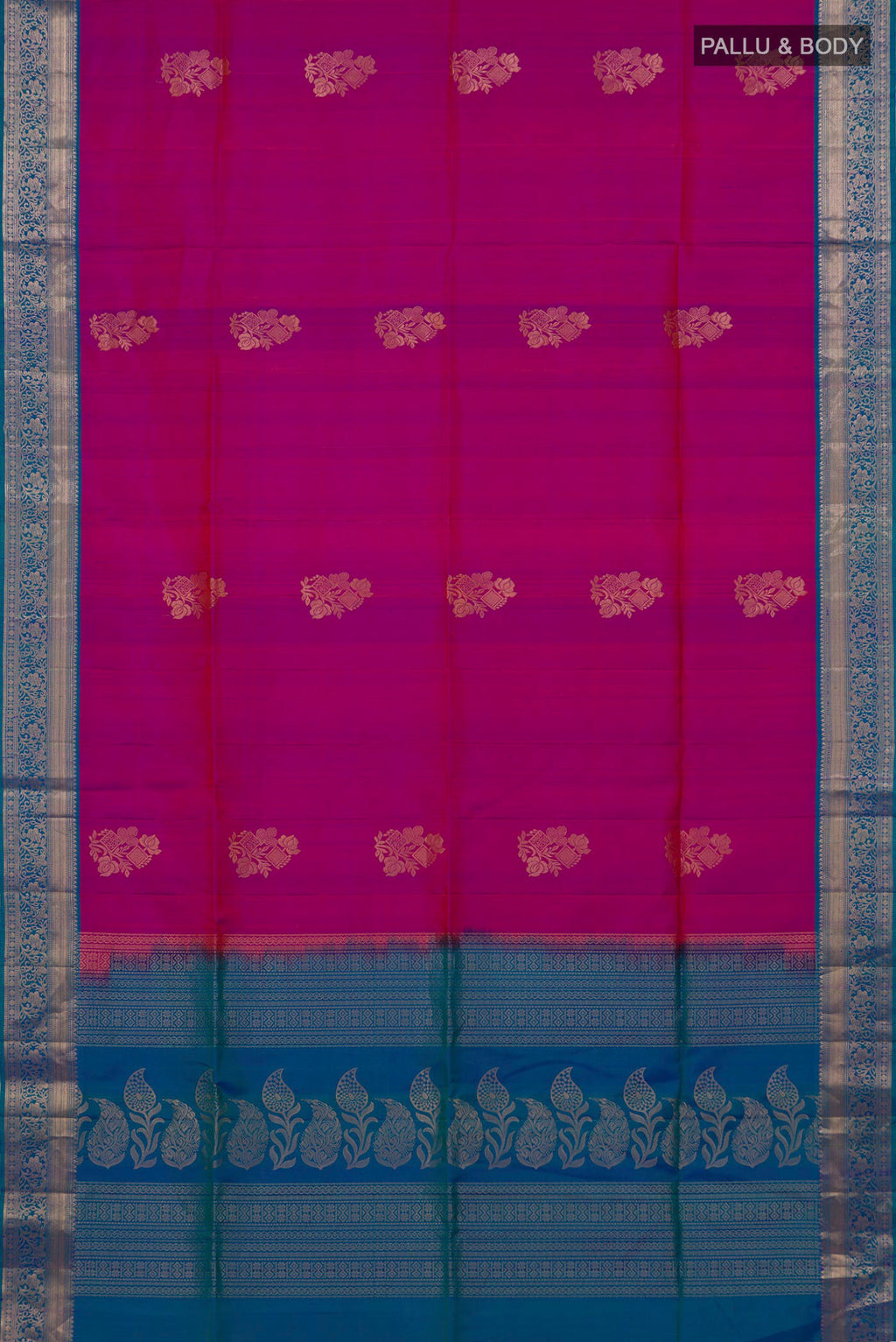Flat view of Pure Silk Purple Soft Saree with Zari Butta on the body and Zari Border. 