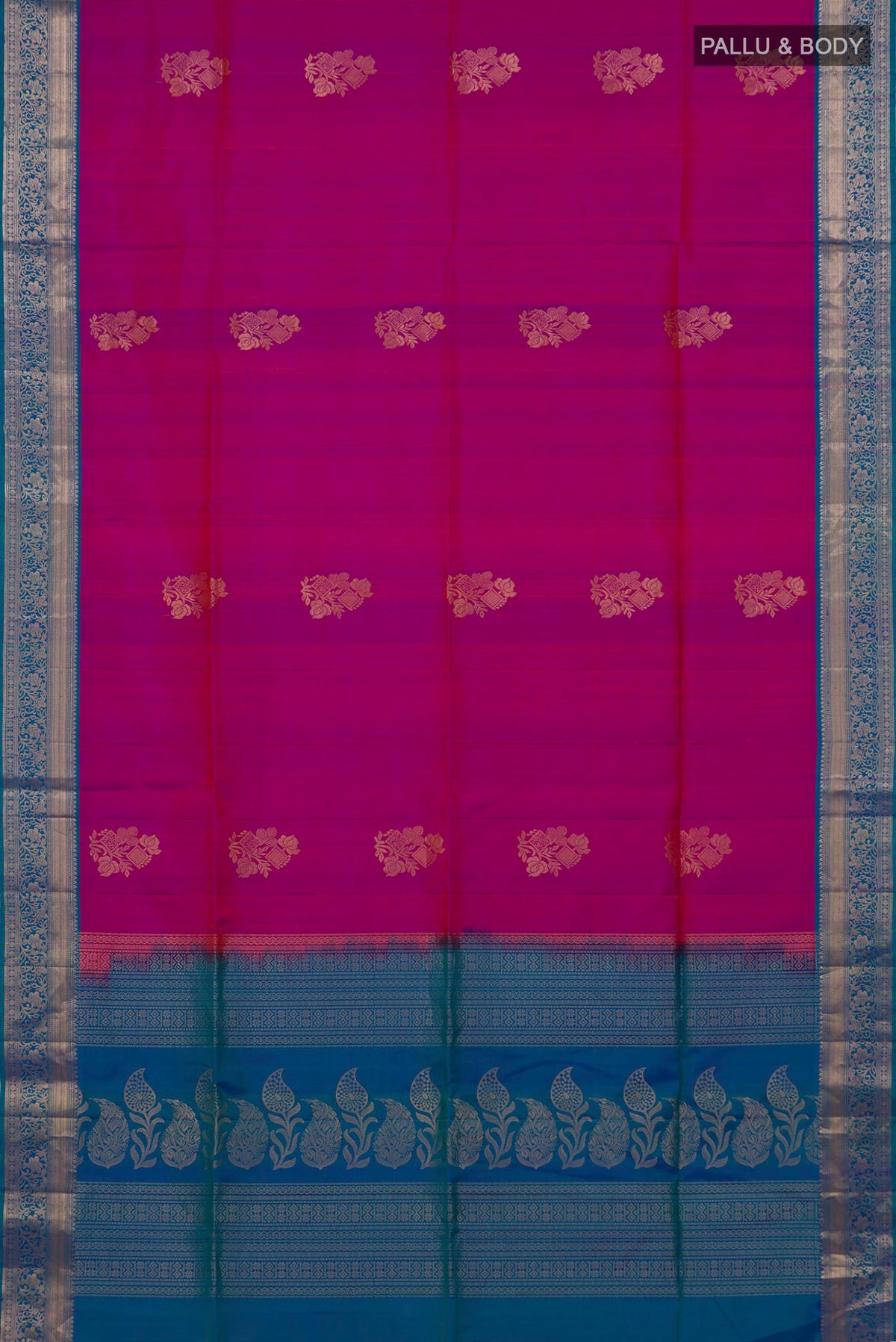 Flat view of Pure Silk Purple Soft Saree with Zari Butta on the body and Zari Border. 