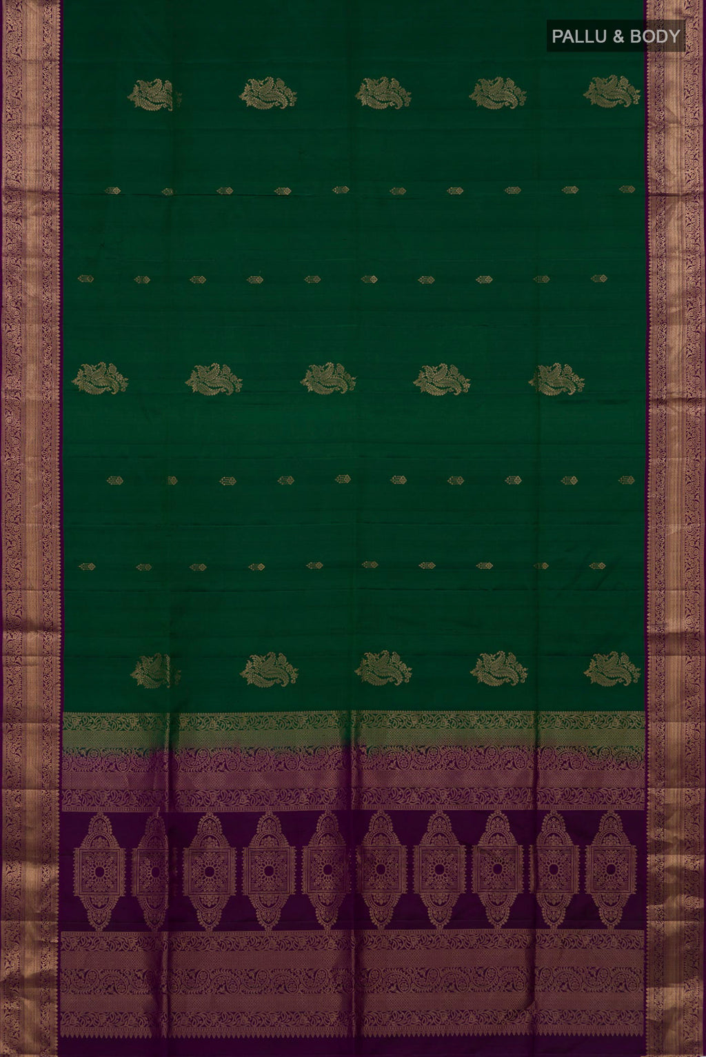 Flat view of Pure Silk Green Soft Saree with Zari Butta on the body and Zari Border. 