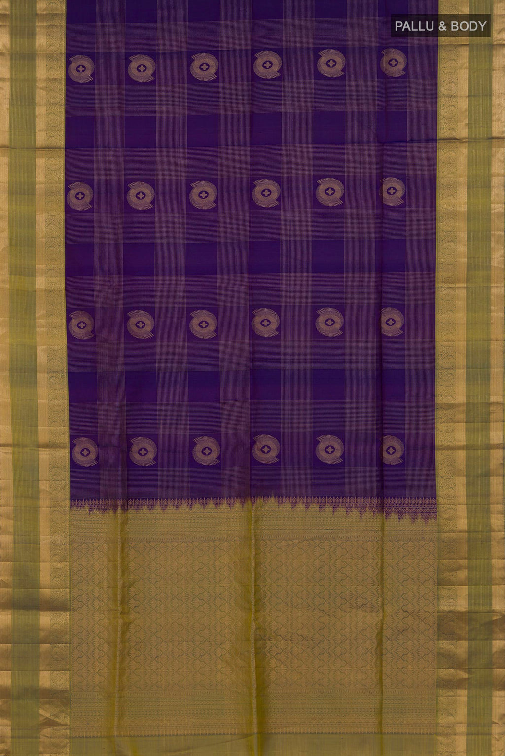 Flat view of Pure Silk Blue Soft Saree with Checked design on the body and Zari Border. 