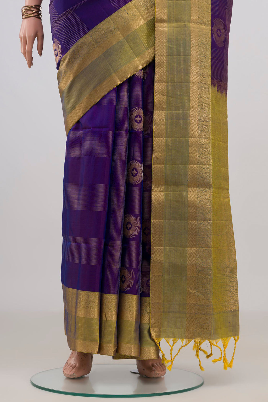Pleats and pallu of Pure Silk Blue Soft Saree with Checked design on the body and Zari Border. 