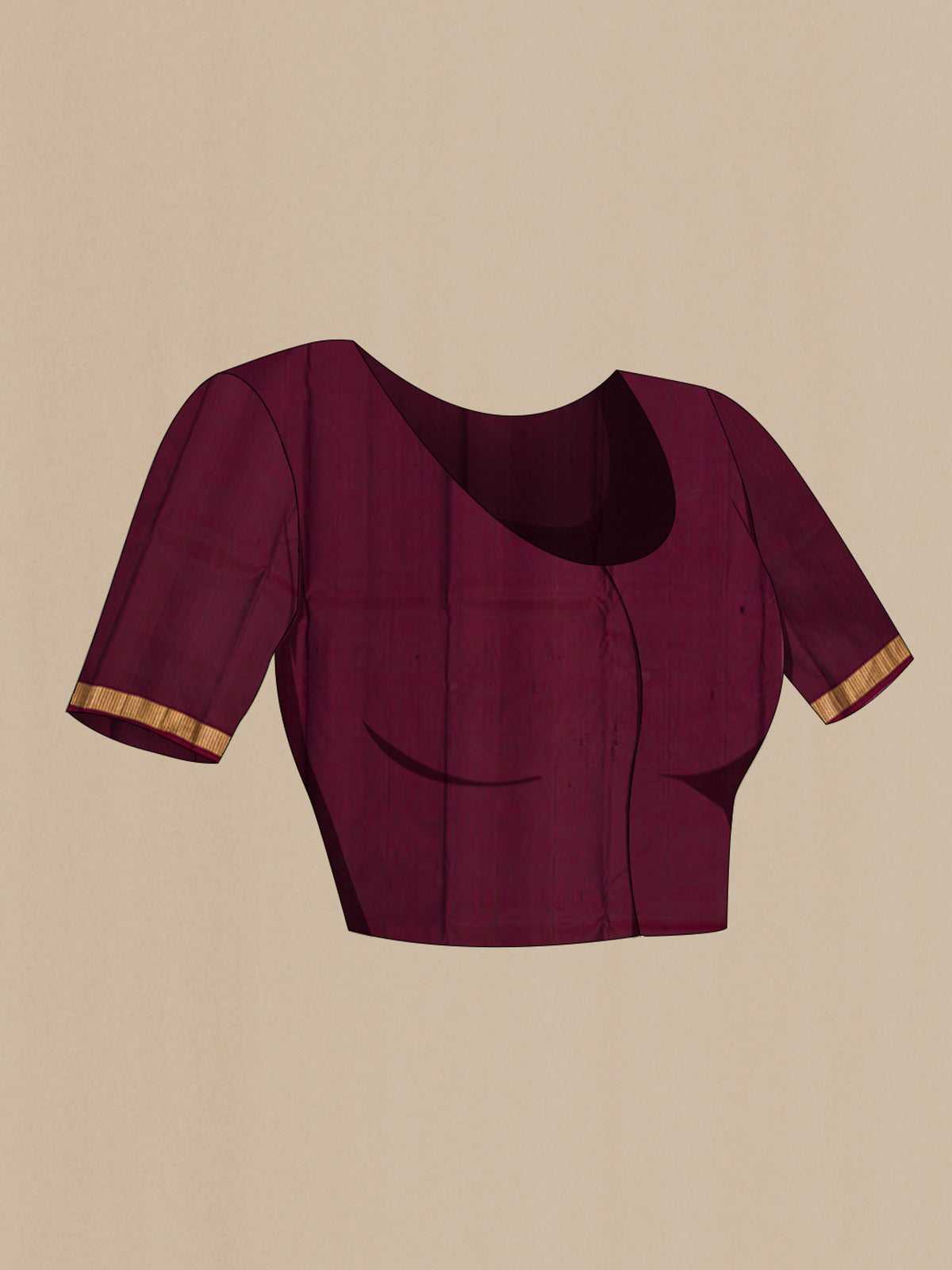Close up image of the blouse of Pure Silk Maroon Kanjivaram Saree with Plain Body and Zari Border. 