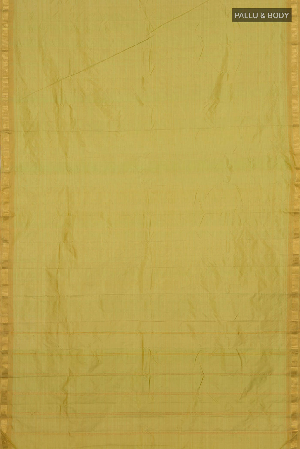 Flat view of Pure Silk Green Kanchipuram Saree with Plain Body and Zari Border. 
