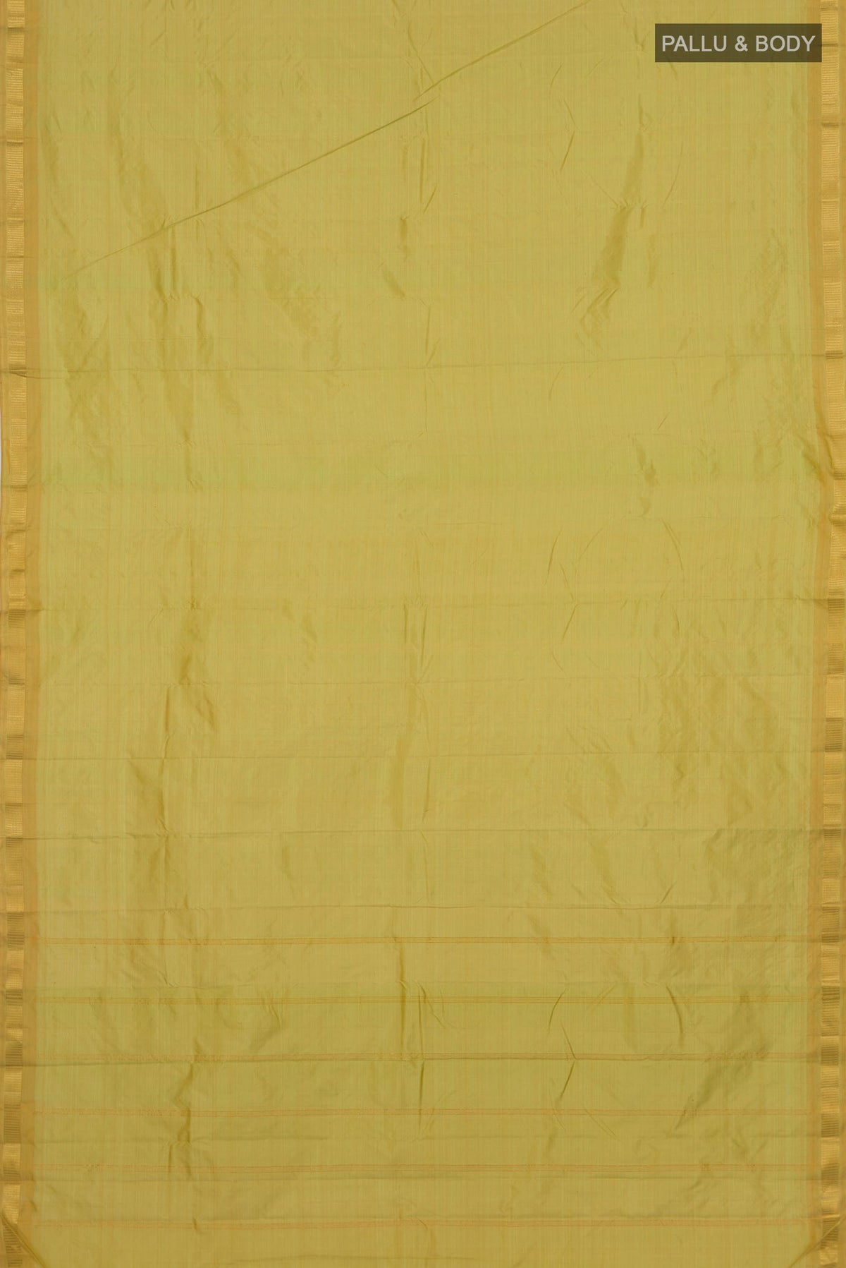 Flat view of Pure Silk Green Kanchipuram Saree with Plain Body and Zari Border. 