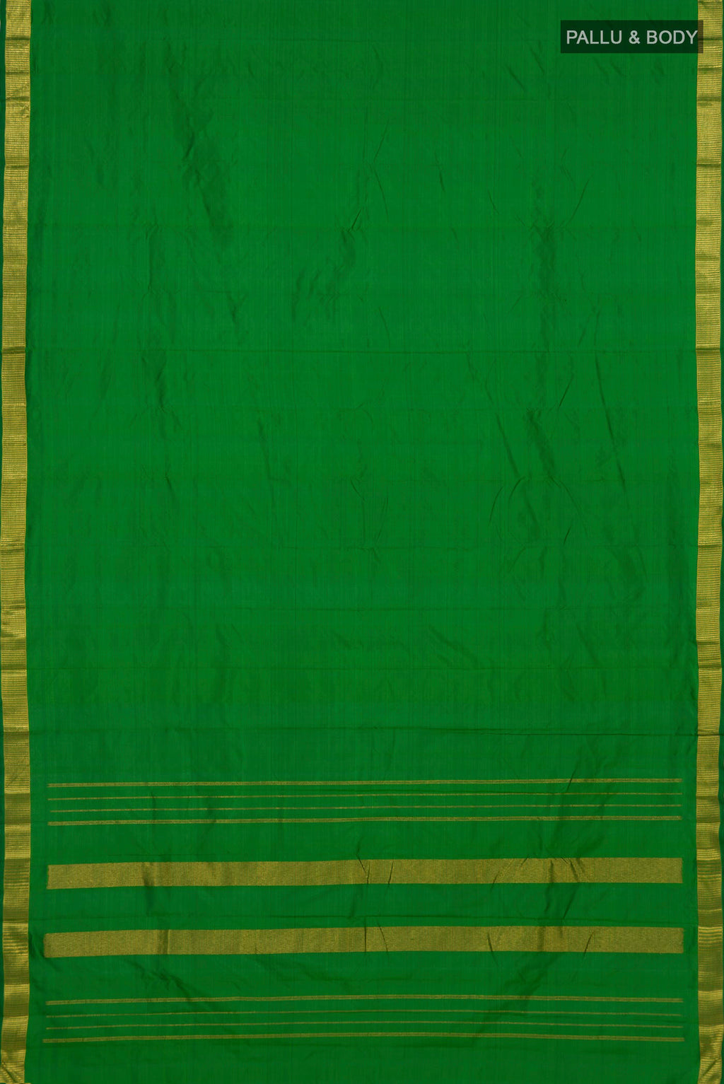 Flat view of Pure Silk Green Kanjivaram Saree with Plain Body and Zari Border. 