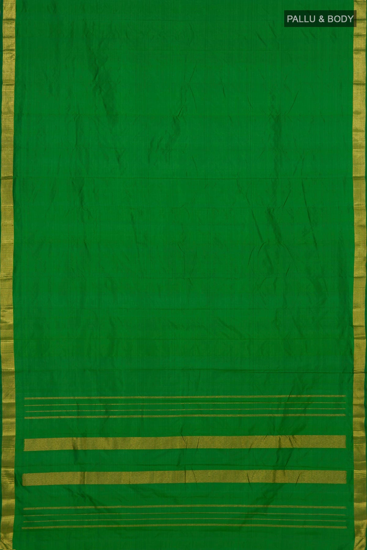 Flat view of Pure Silk Green Kanjivaram Saree with Plain Body and Zari Border. 