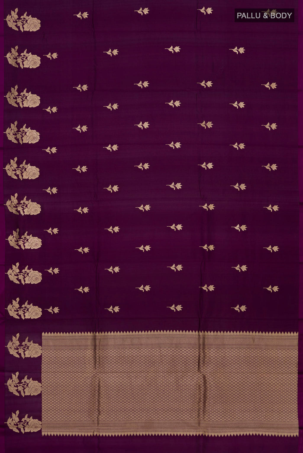 Flat view of Pure Silk Purple Banarasi Katan Saree with Zari Butta on the body and Without Border. 