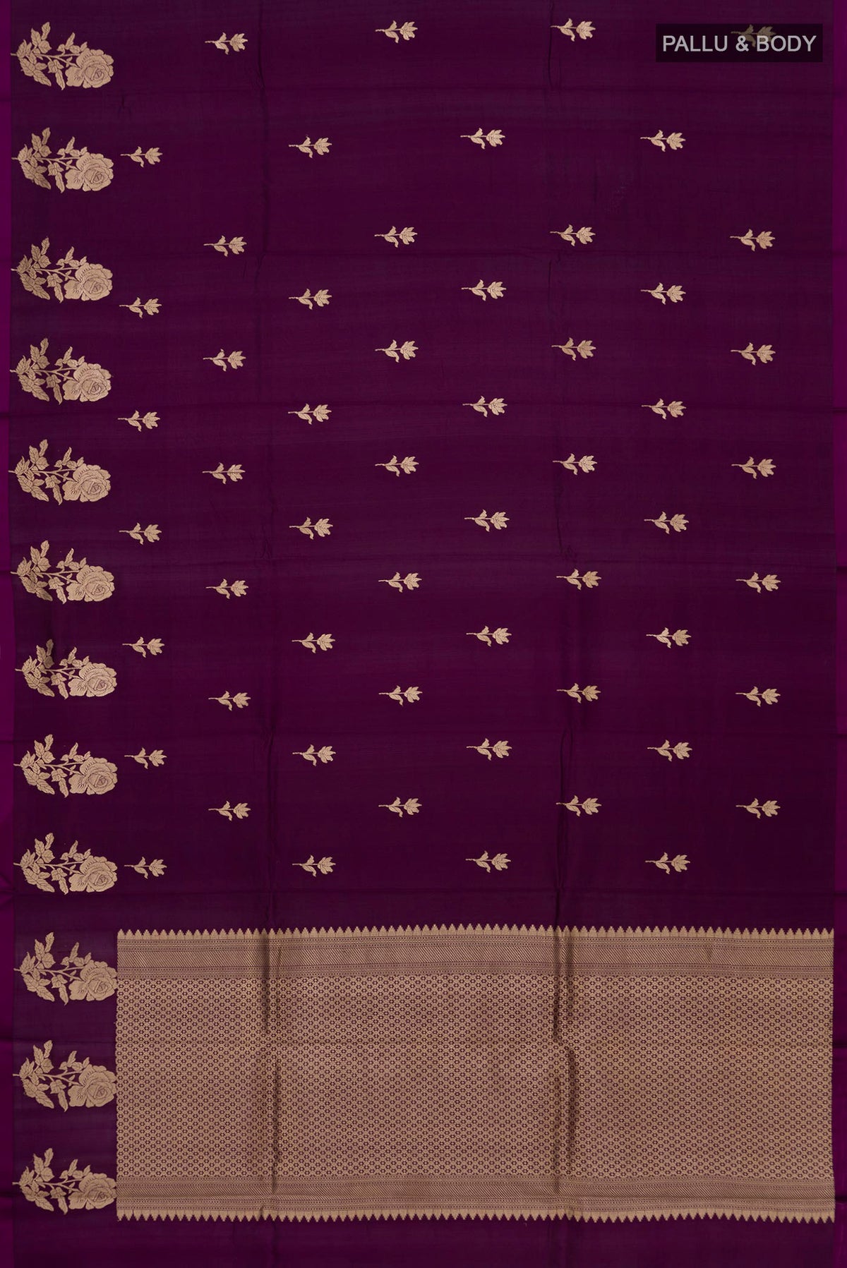 Flat view of Pure Silk Purple Banarasi Katan Saree with Zari Butta on the body and Without Border. 