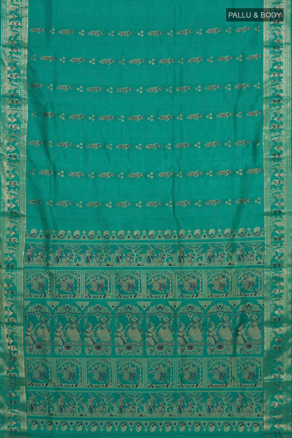 Flat view of Pure Silk Green Baluchari Saree with Zari Butta on the body and Fancy Border. 