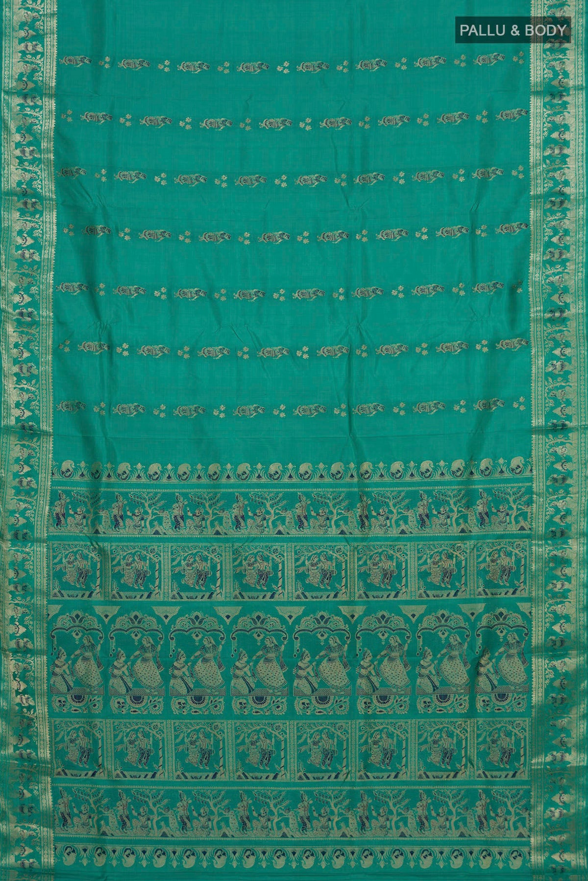 Flat view of Pure Silk Green Baluchari Saree with Zari Butta on the body and Fancy Border. 