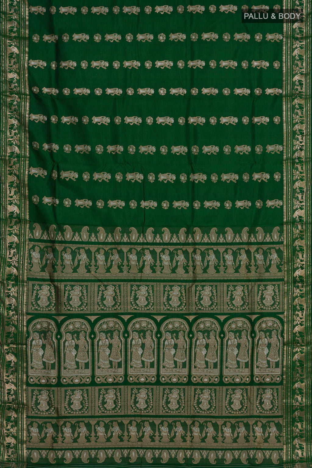 Flat view of Pure Silk Green Baluchari Saree with Zari And Thread Butta on the body and Zari Border. 