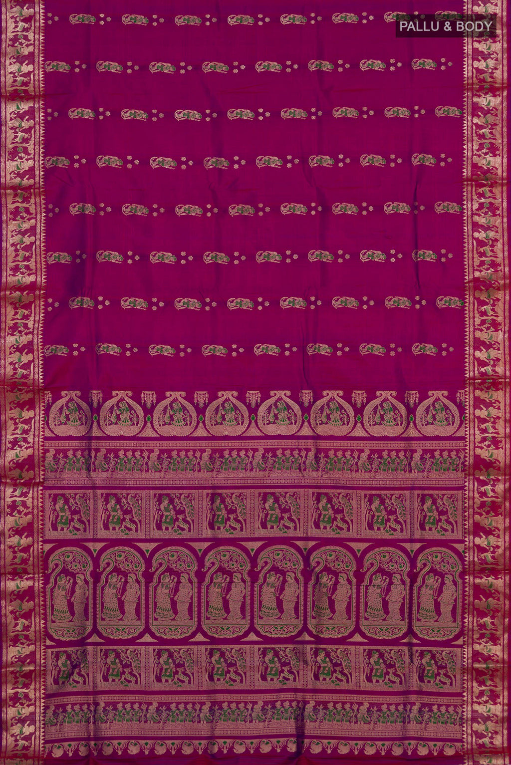 Flat view of Pure Silk Magenta Baluchari Saree with Zari And Thread Butta on the body and Zari Border. 