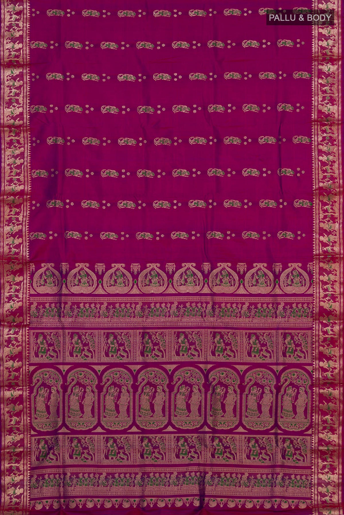 Flat view of Pure Silk Magenta Baluchari Saree with Zari And Thread Butta on the body and Zari Border. 
