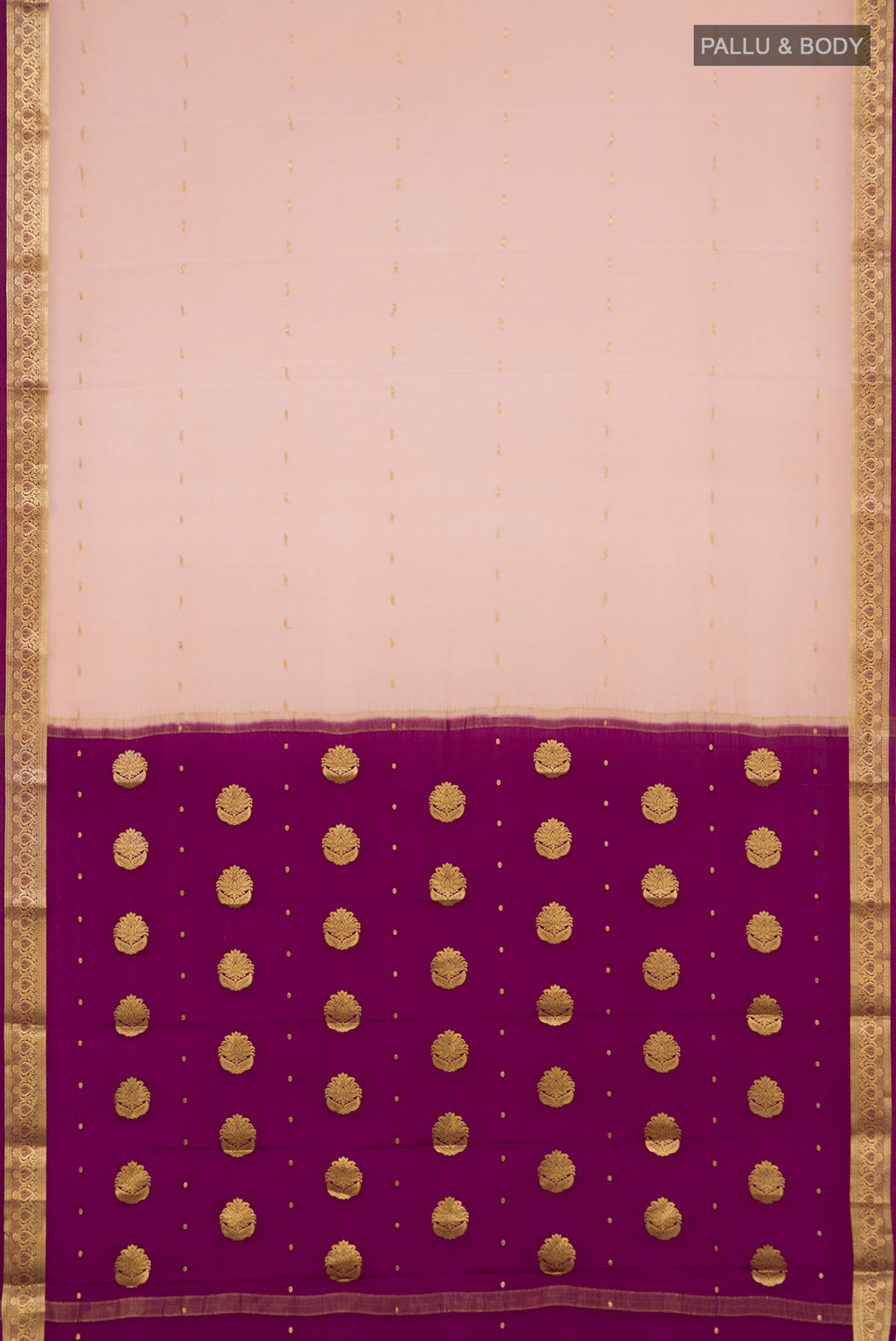 Flat view of Peach Mysore Crepe Saree with Zari Butta on the body and Zari Border. 
